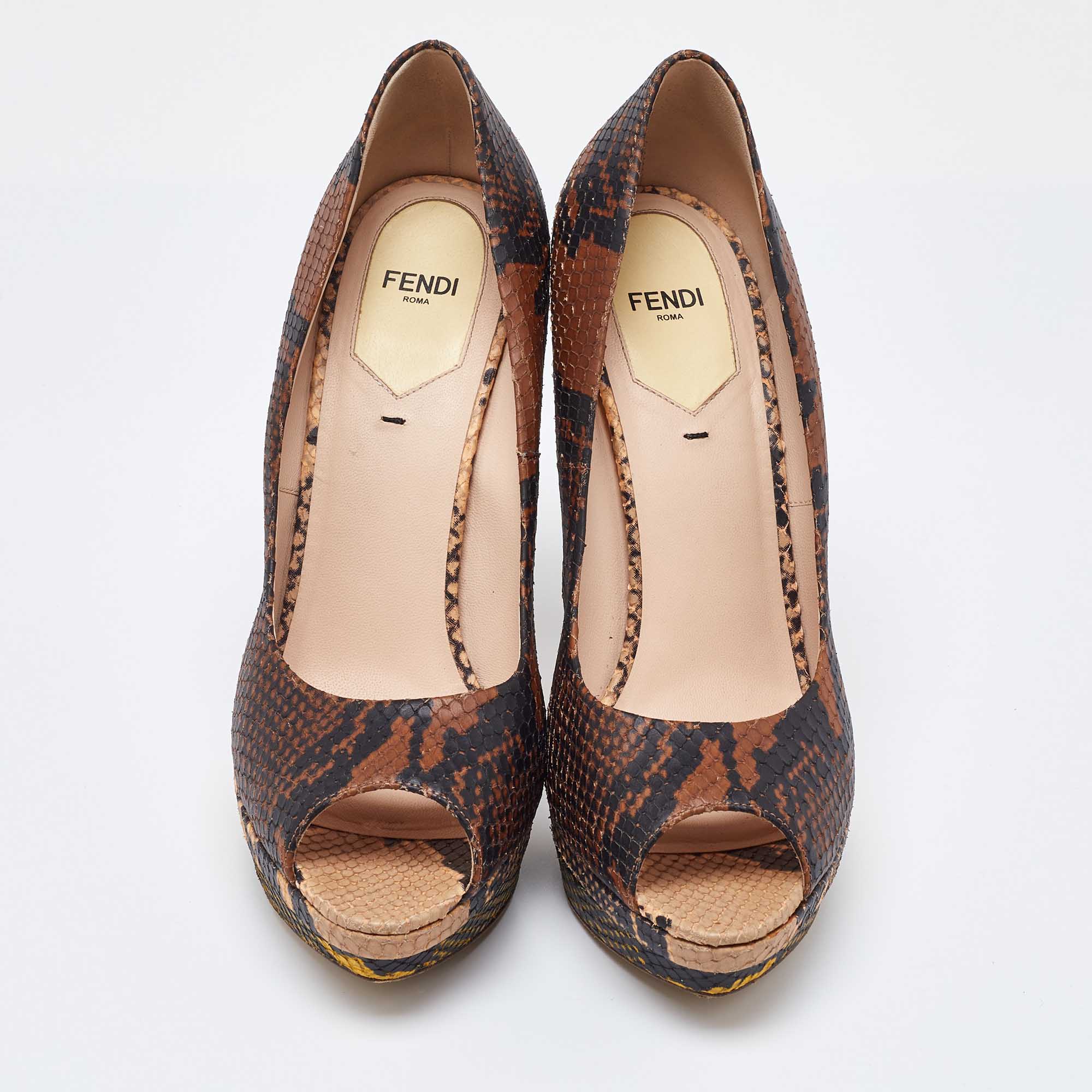 Fendi Multicolor Python Embossed Leather Peep Toe Platform Pumps Size 40 