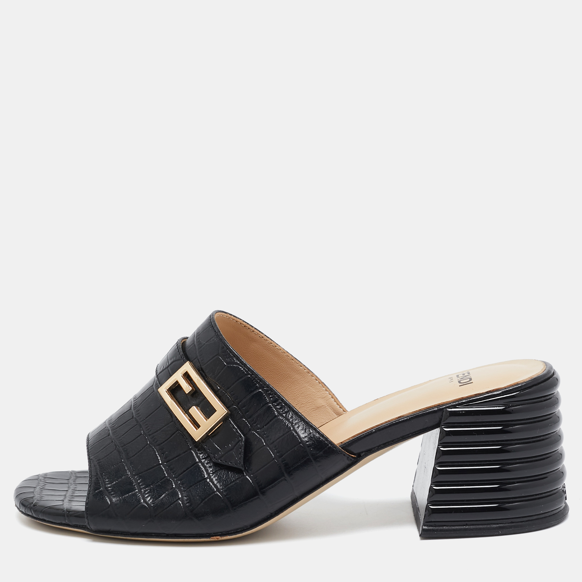 Pre-owned Fendi Black Embossed Croc Slide Sandals Size 36