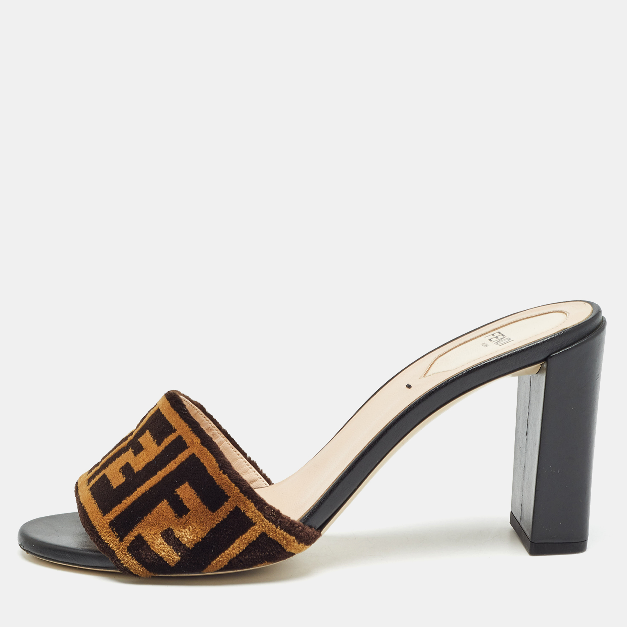 

Fendi Brown Velvet FF Logo Slide Sandals Size