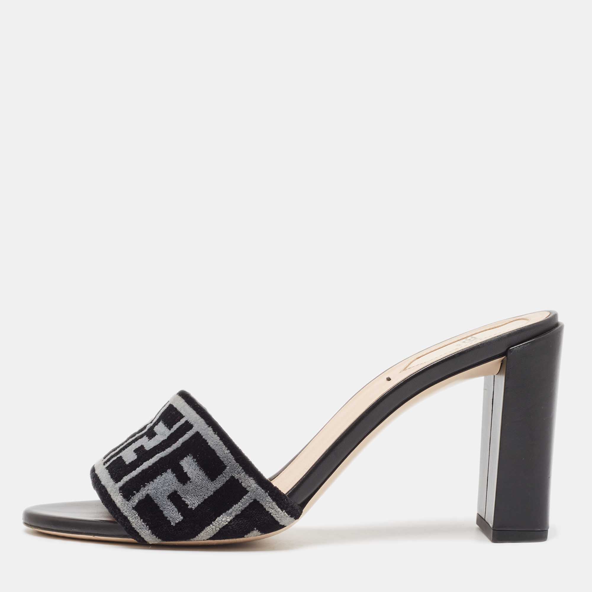 

Fendi Grey/Black Zucca Velvet Slide Sandals Size