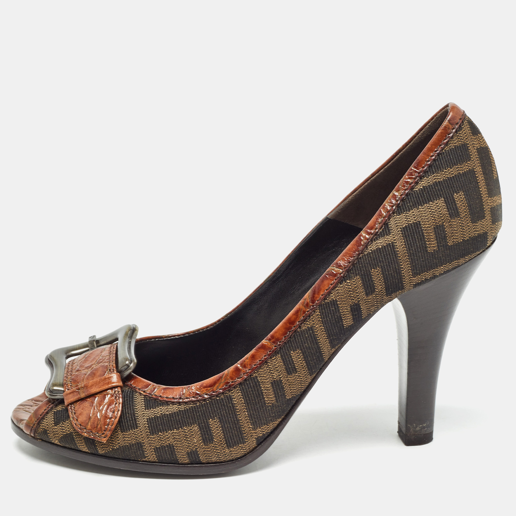 

Fendi Brown Crocodile and Canvas Buckle Peep Toe Pumps Size