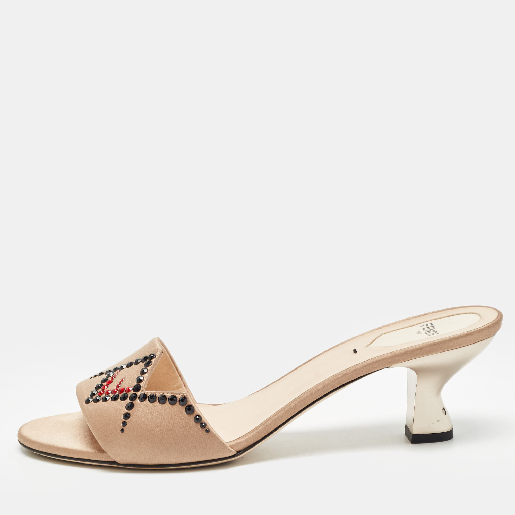 

Fendi Beige Satin Crystal Embellished Slide Sandals Size