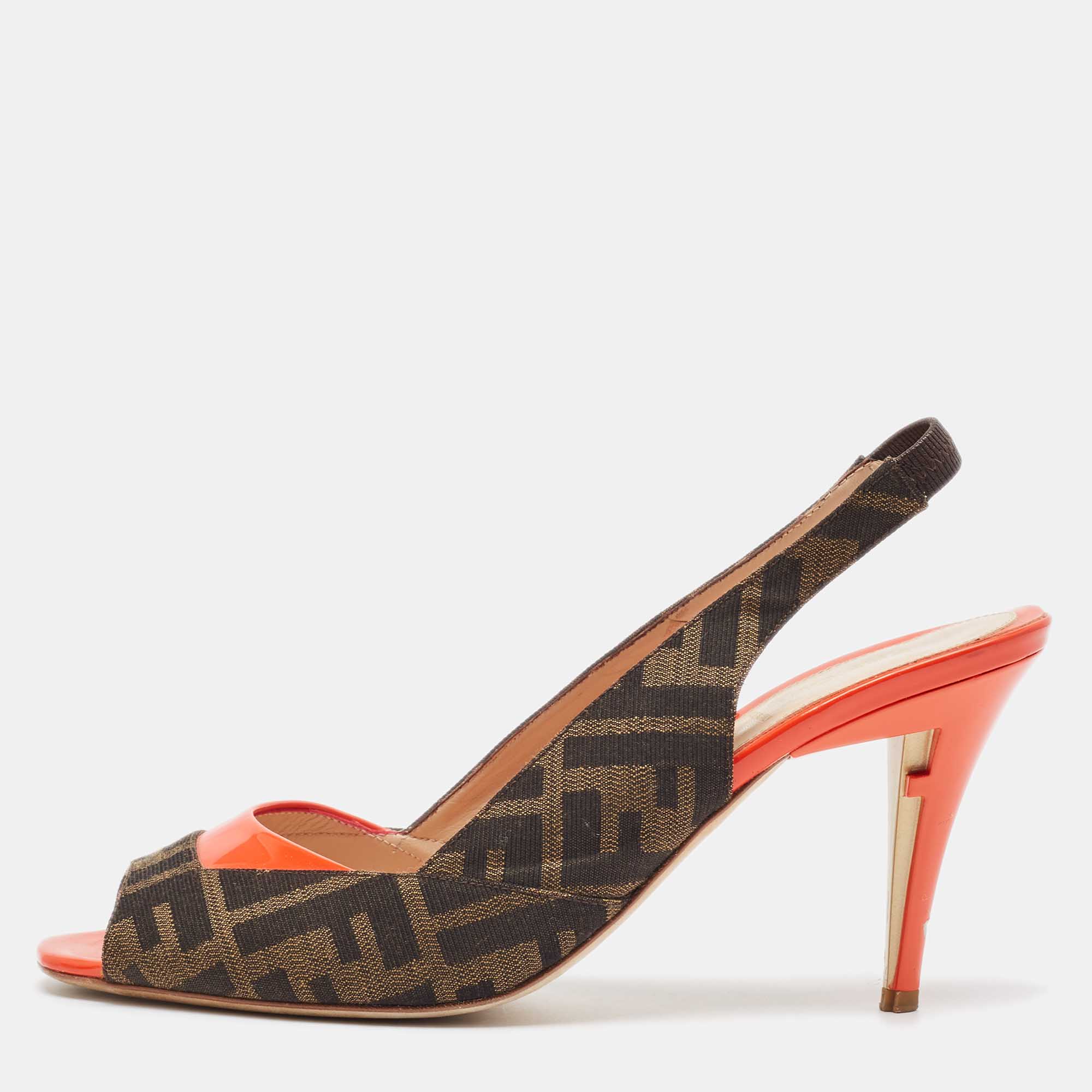 

Fendi Brown/Orange Zucca Canvas and Patent Leather Slingback Sandals Size