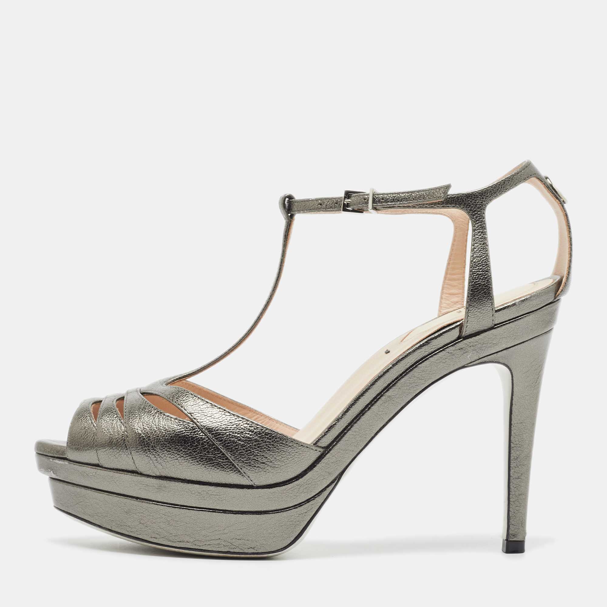 Pre-owned Fendi Metallic Grey Leather Platform T-strap Sandals Size 36