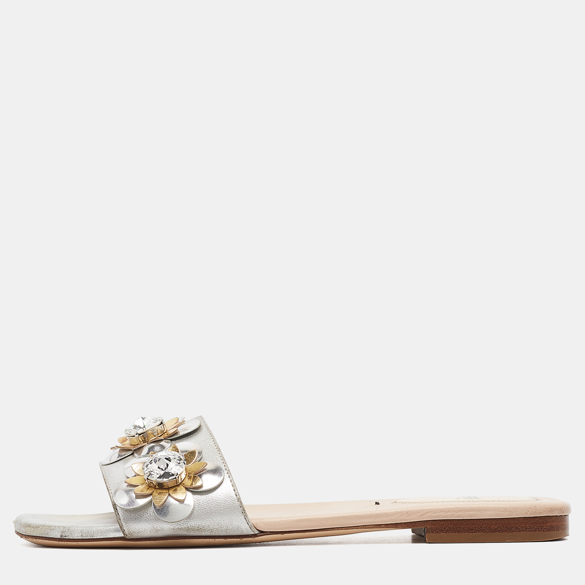 

Fendi Silver Leather Flowerland Flat Slides Size