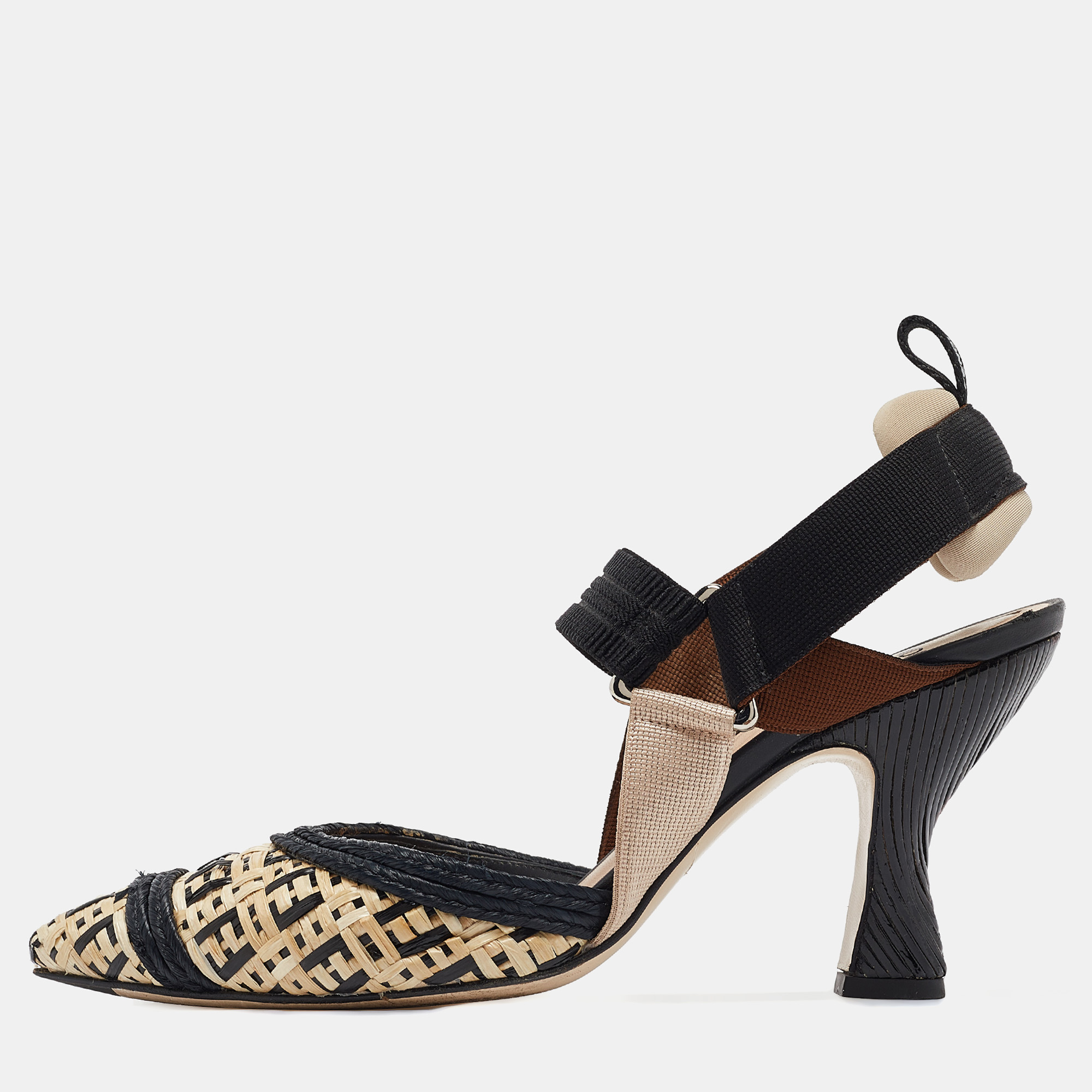 

Fendi Beige/Black Woven Raffia Colibri Slingback Pumps Size