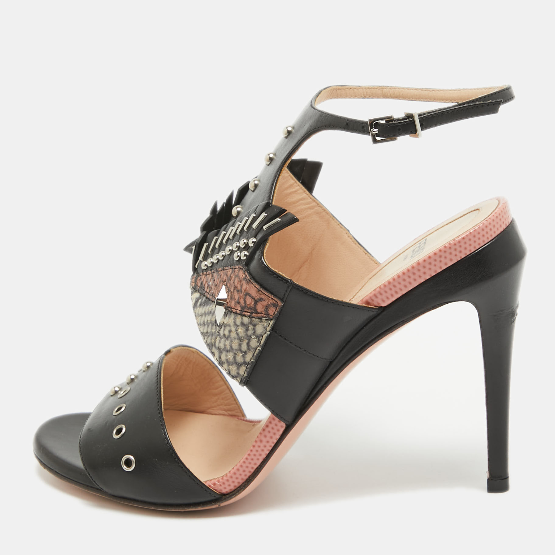 

Fendi Black Studded Leather Rocker Bug Ankle-Strap Sandals Size