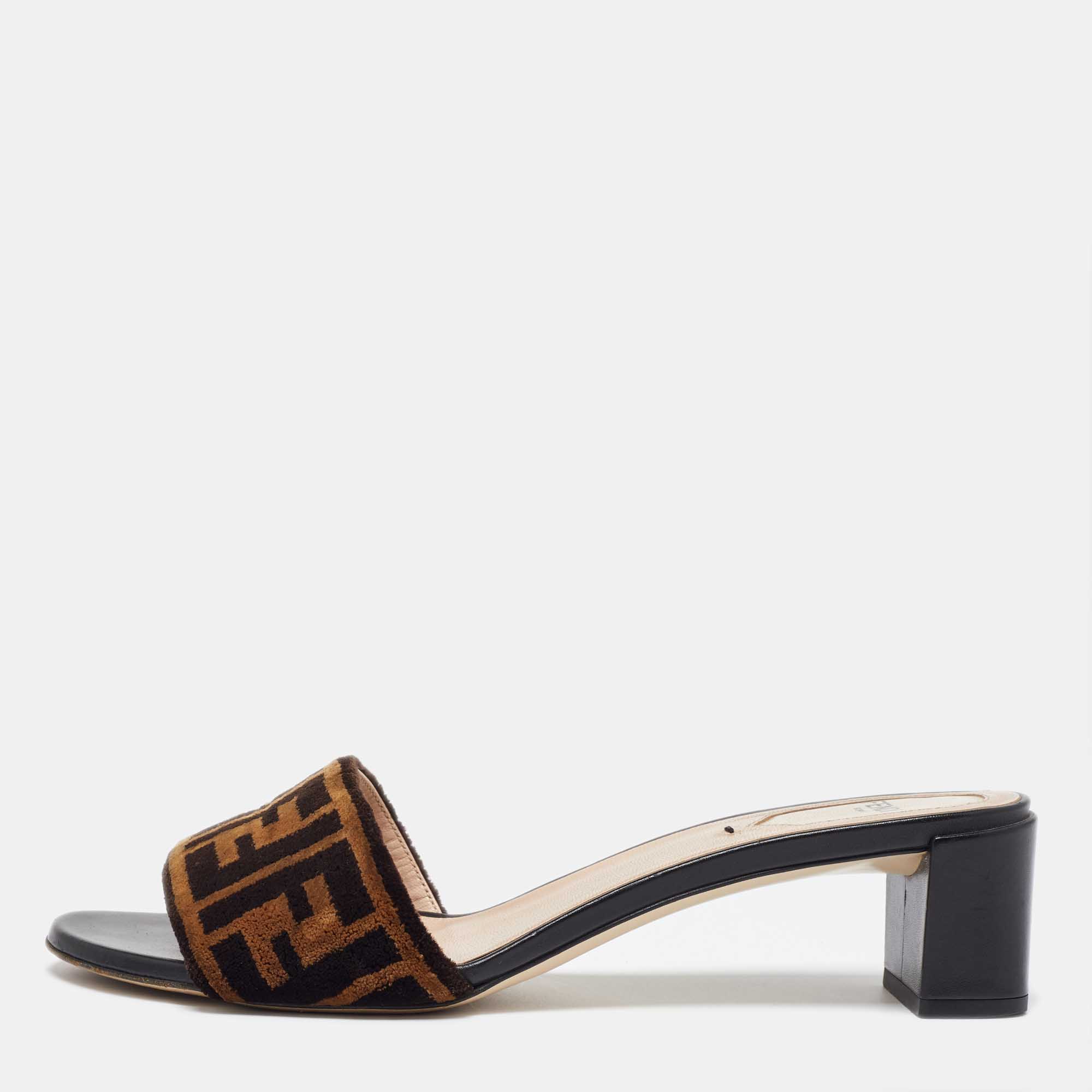 

Fendi Brown Zucca Velvet Slide Sandals Size