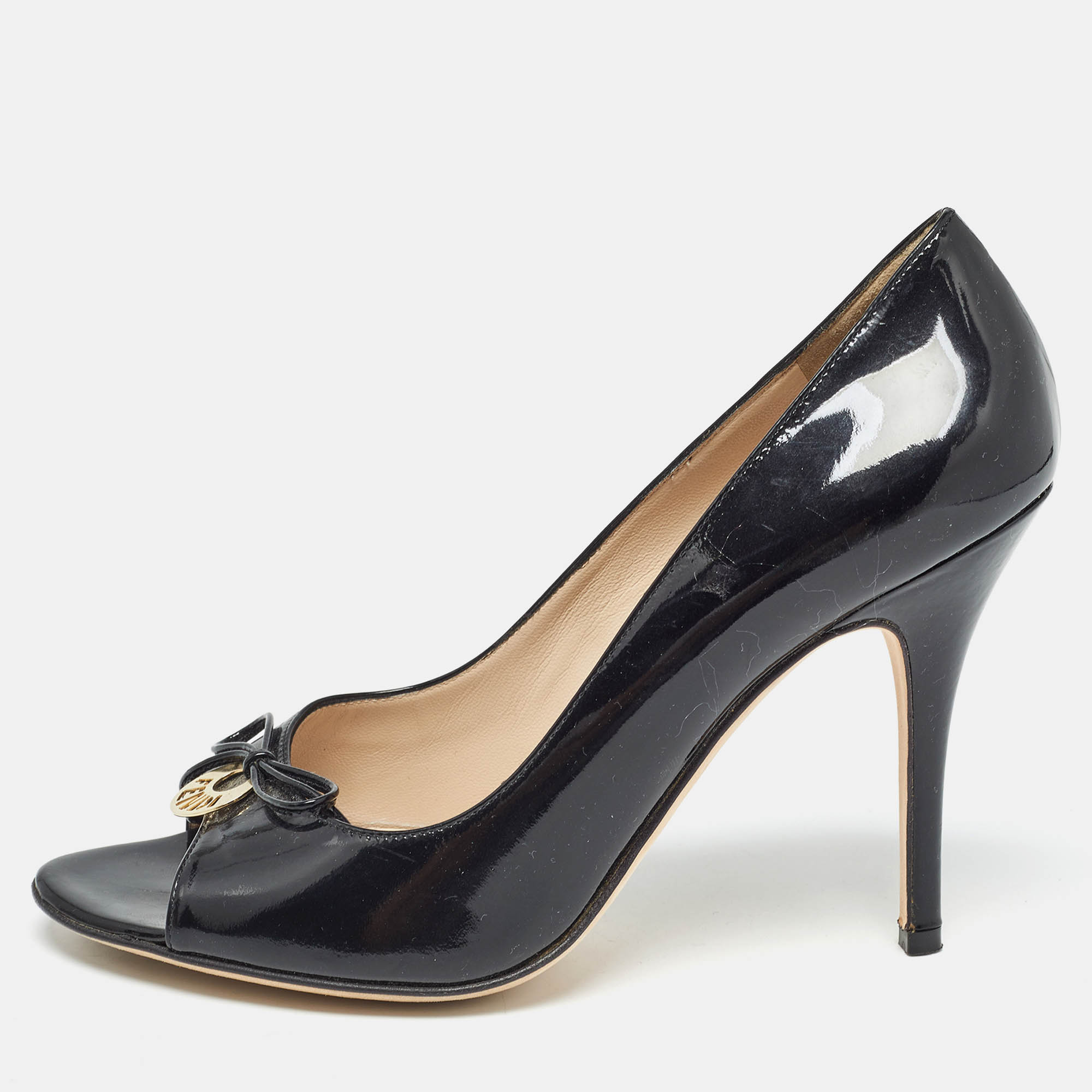 Pre-owned Fendi Black Patent Leather Open Toe Pumps Size 38.5