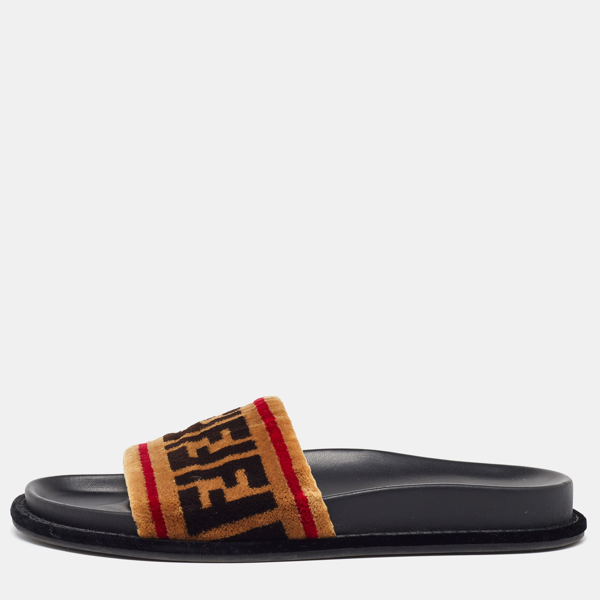 

Fendi Brown FF Velvet Monogram Slide Sandals Size