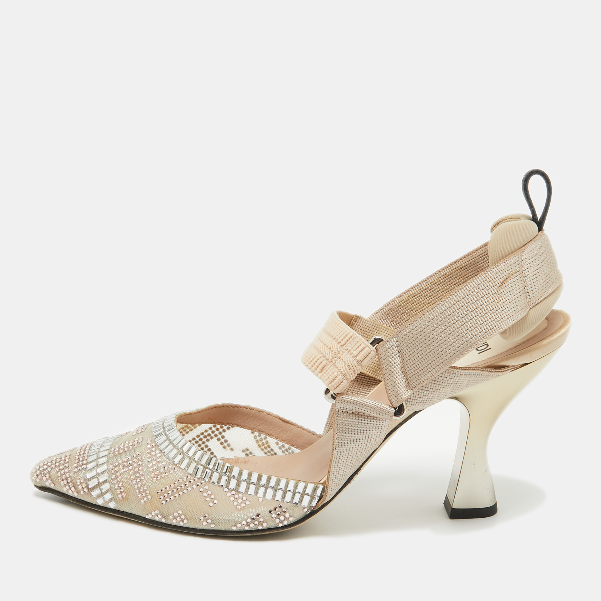 

Fendi Beige Mesh and Canvas Crystal Embellished Colibri Slingback Pumps Size