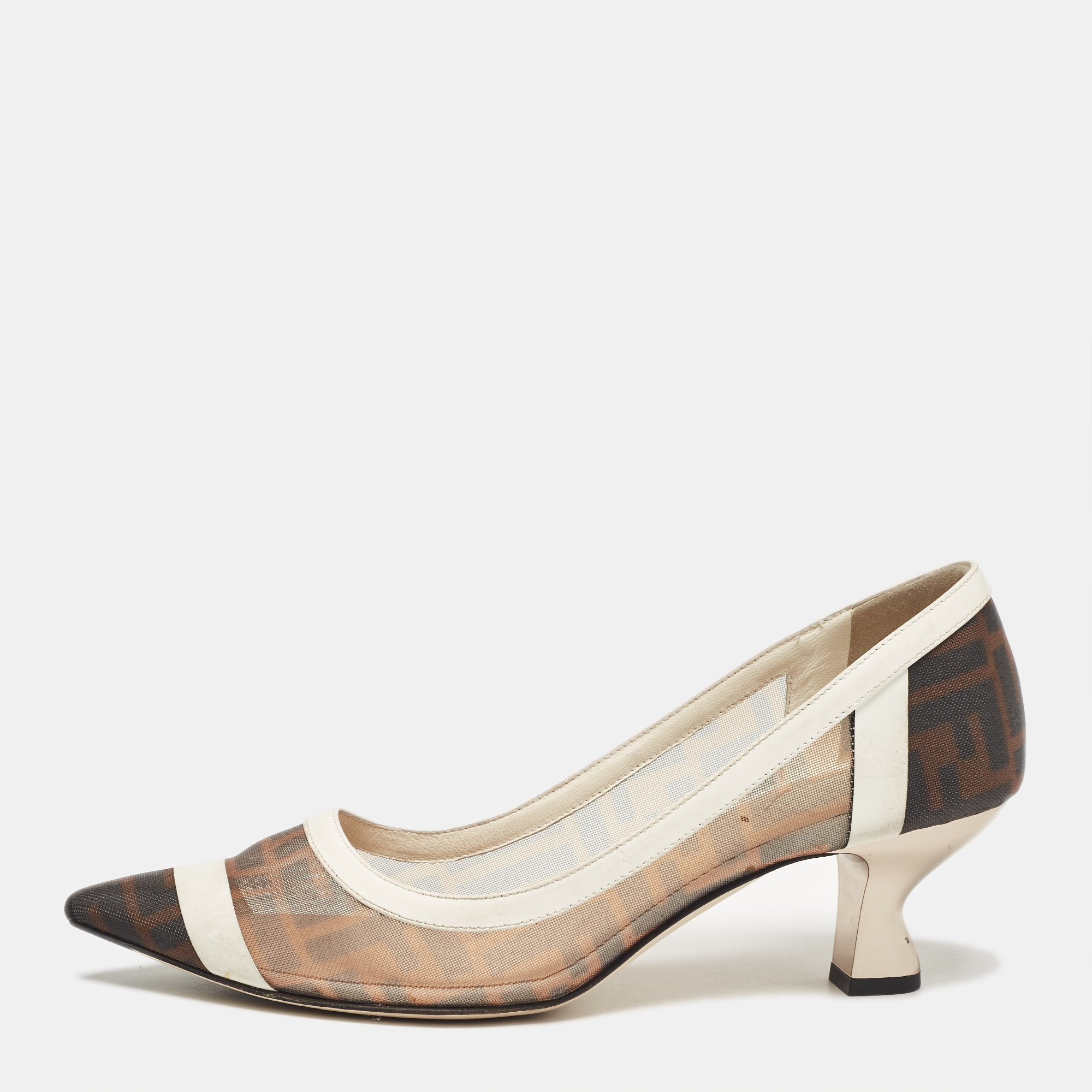 

Fendi Brown/White Zucca Mesh and Leather Colibri Pumps Size