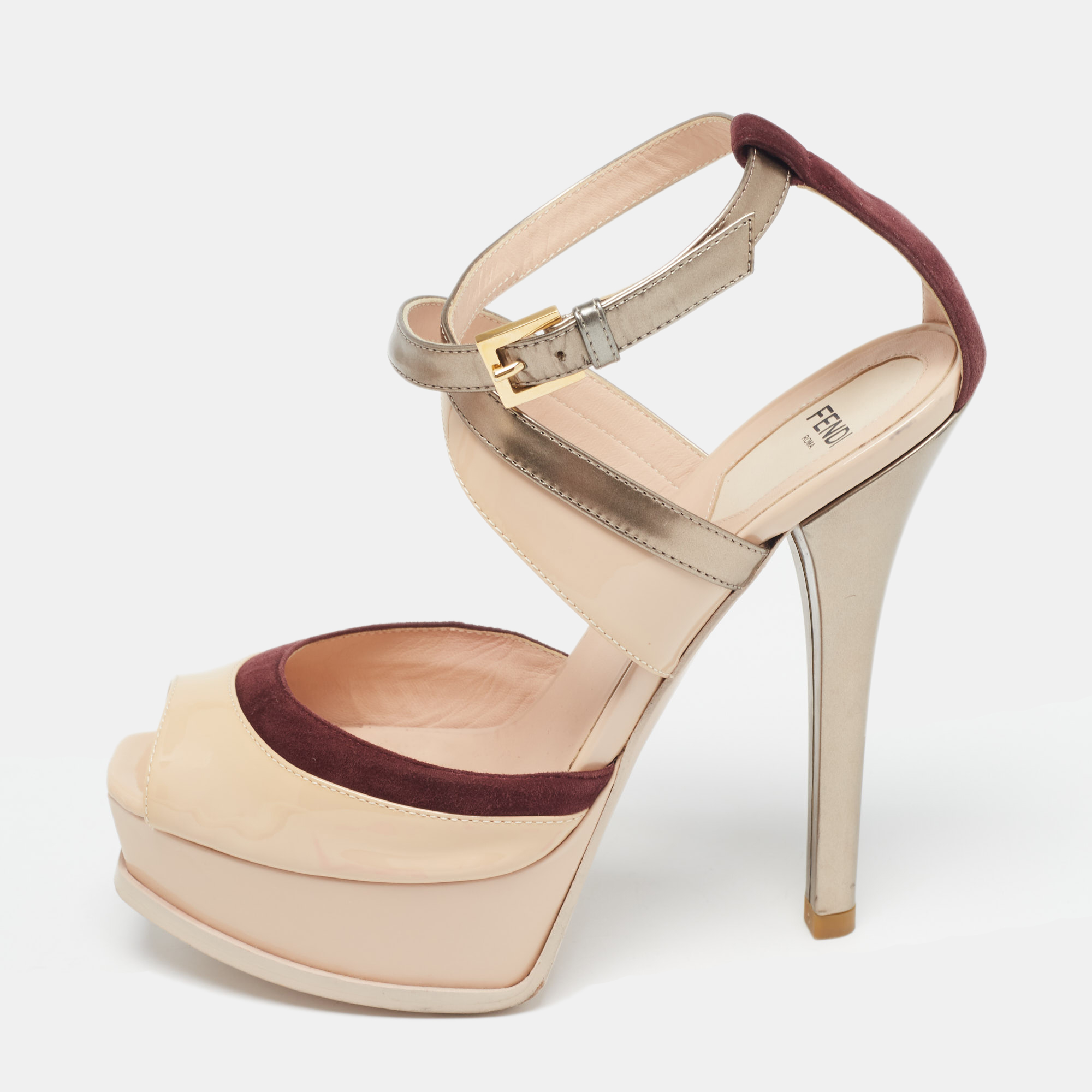 Pre-owned Fendi Multicolor Patent Leather And Suede Ankle Strap Sandals Size 37.5 In Beige