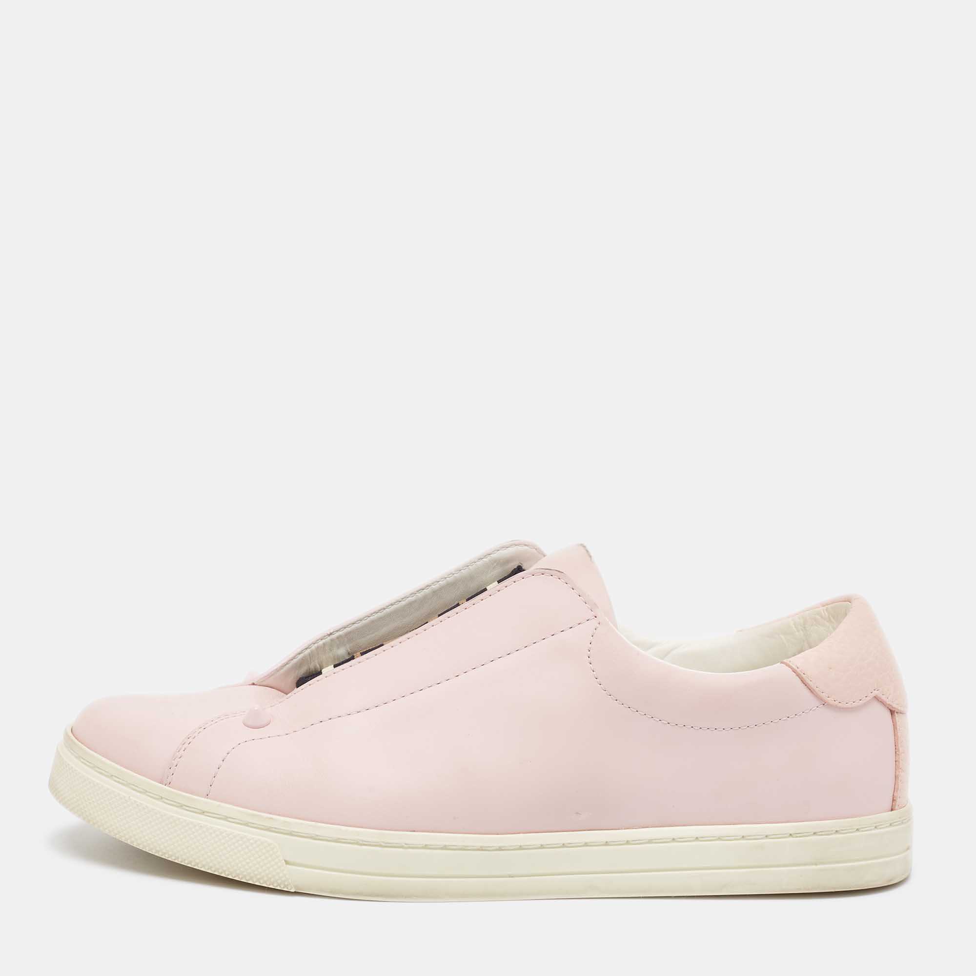 Pre-owned Fendi Pink Cotton Knit And Leather Slip On Sneakers Size 38