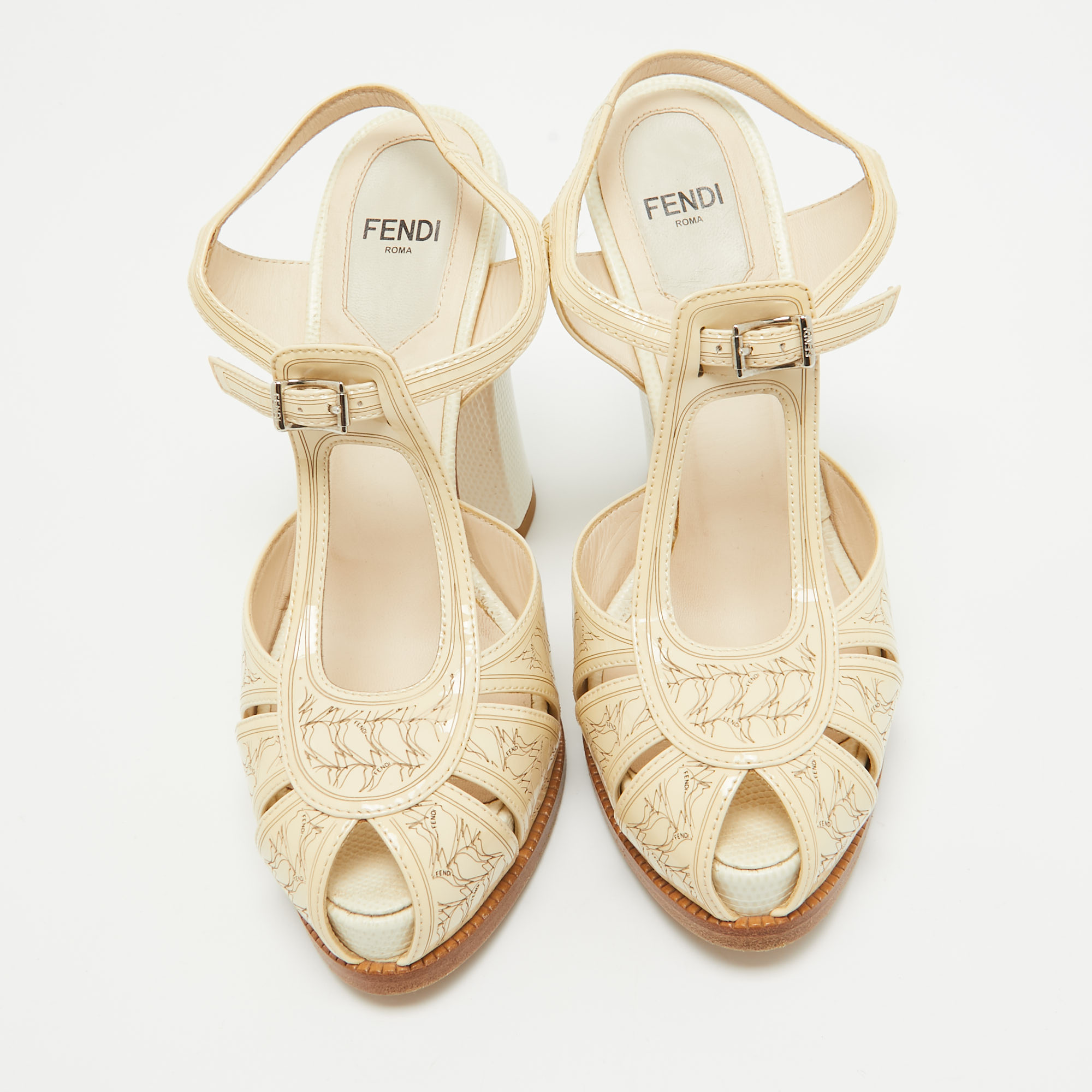 Fendi Cream Patent Leather T-Bar Ankle Strap Sandals Size 36 
