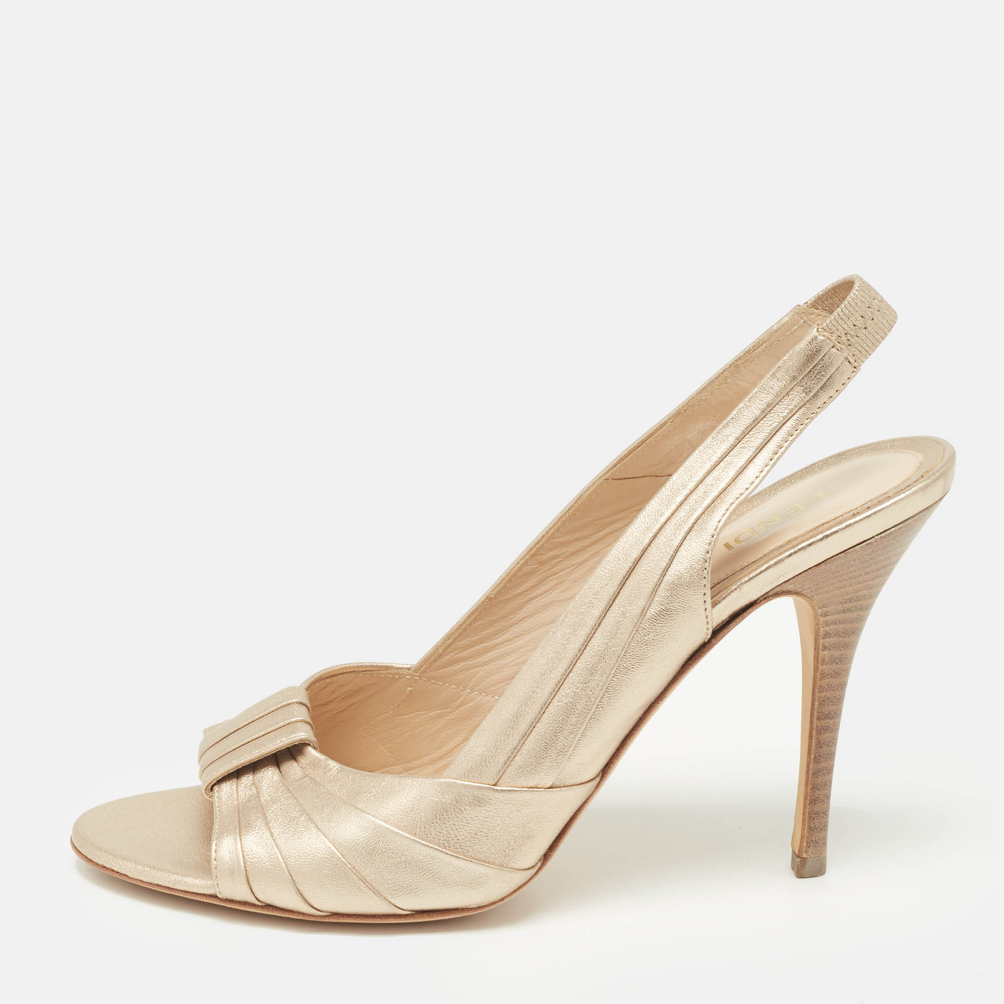 

Fendi Gold Pleated Leather Slingback Sandals Size