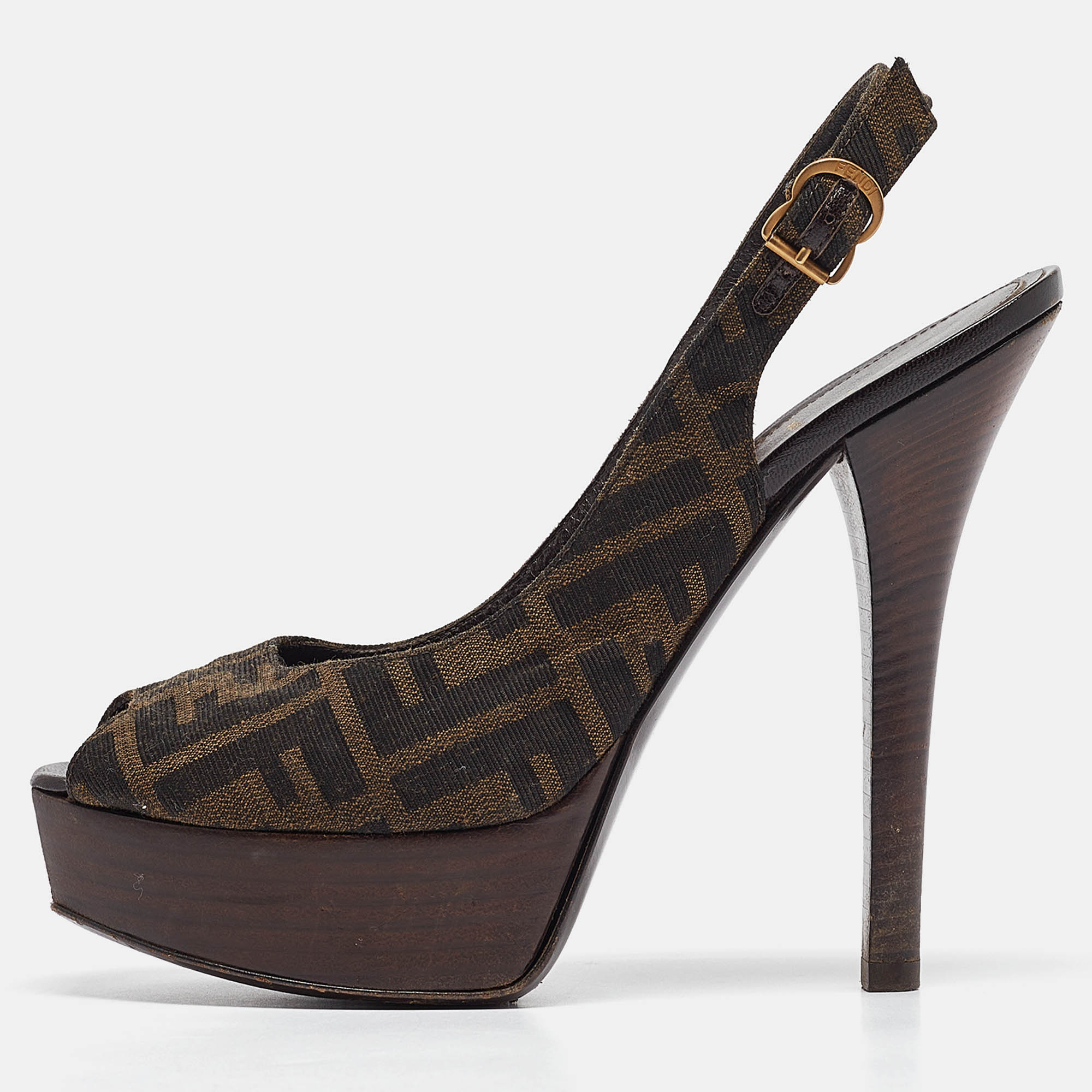 

Fendi Brown Zucca Canvas Fendista Slingback Pumps Size