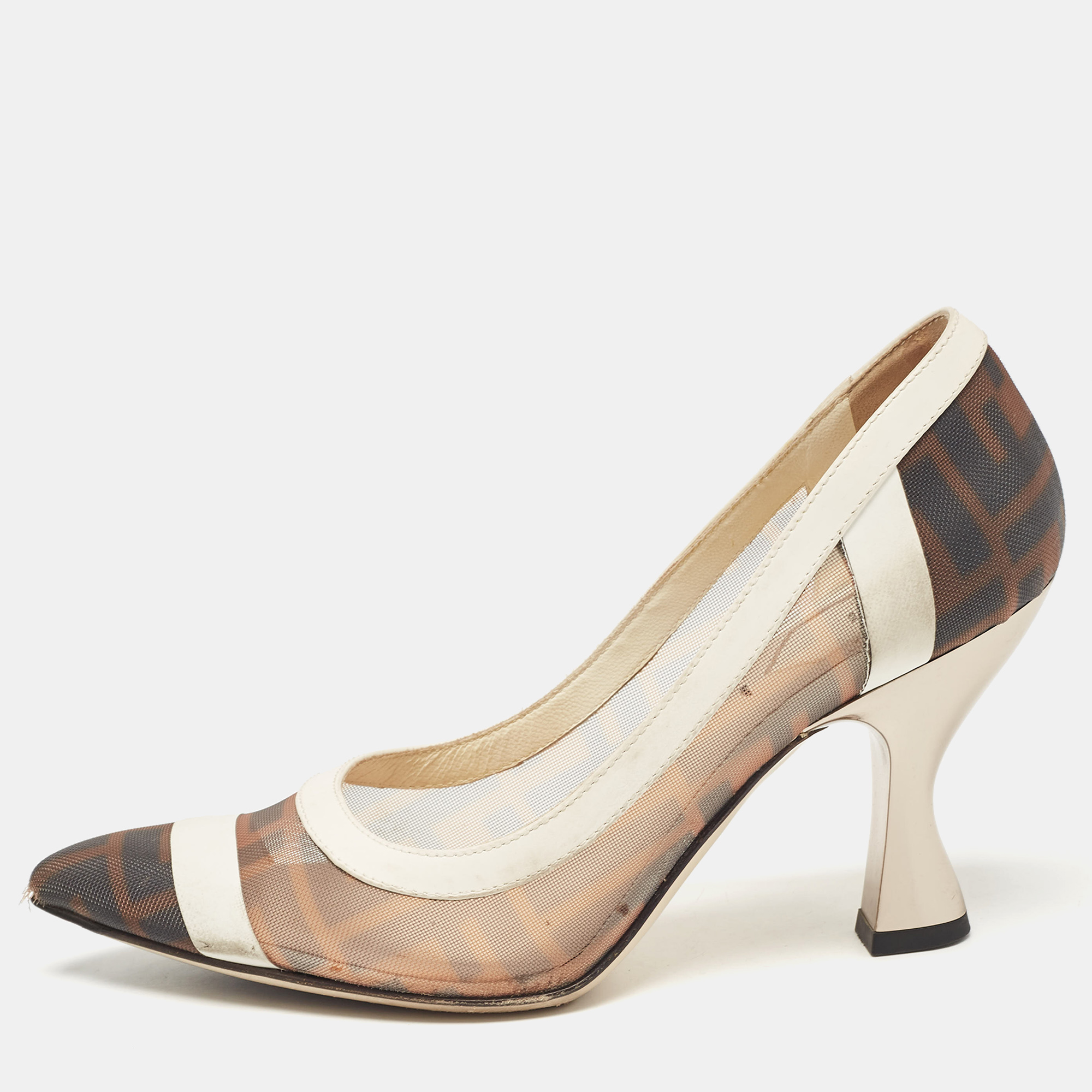 

Fendi Brown/White Zucca Mesh and Leather Colibri Pumps Size