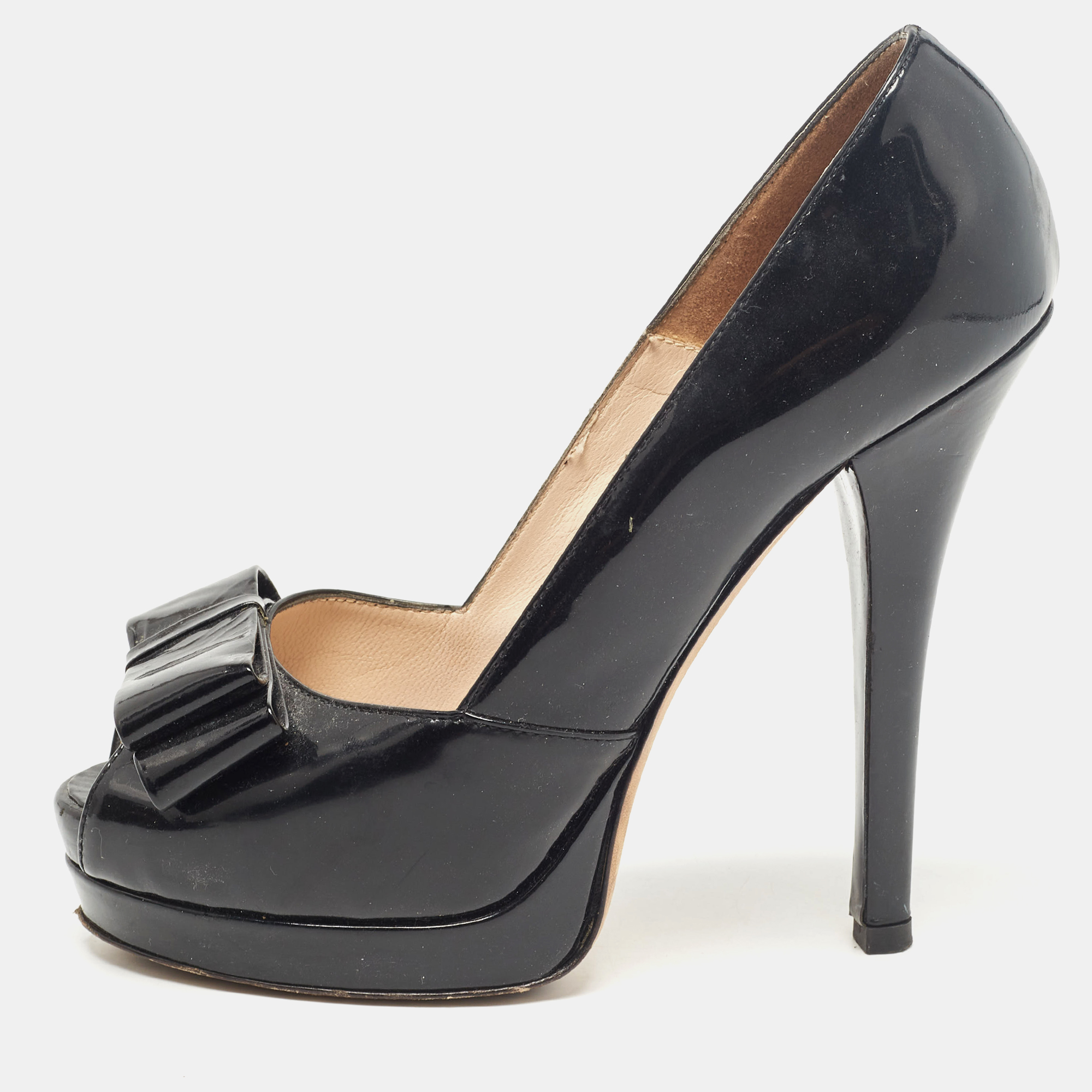 

Fendi Black Patent Leather Bow Peep Toe Platform Pumps Size