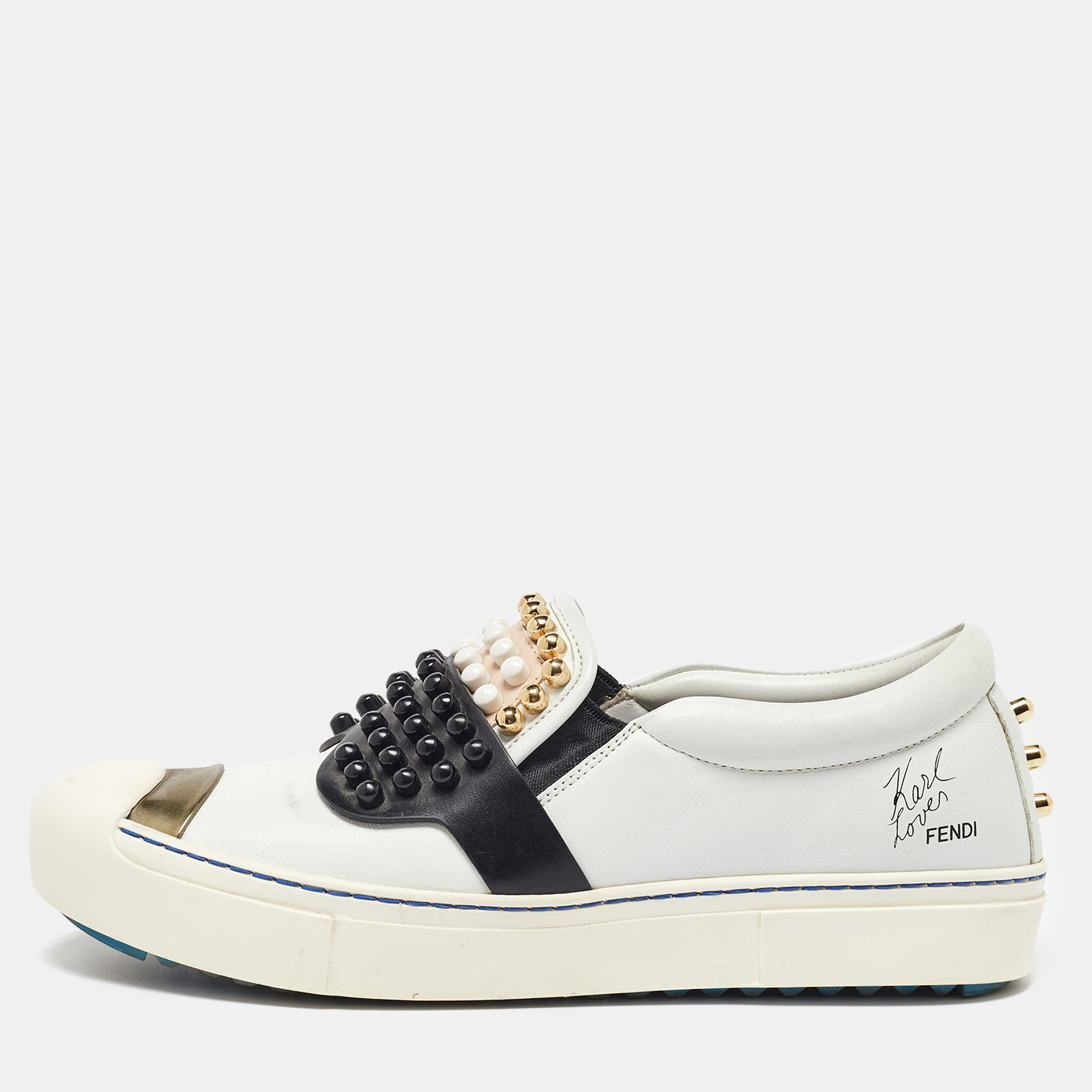 

Fendi White/Black Leather Studded Karlito Slip On Sneakers Size