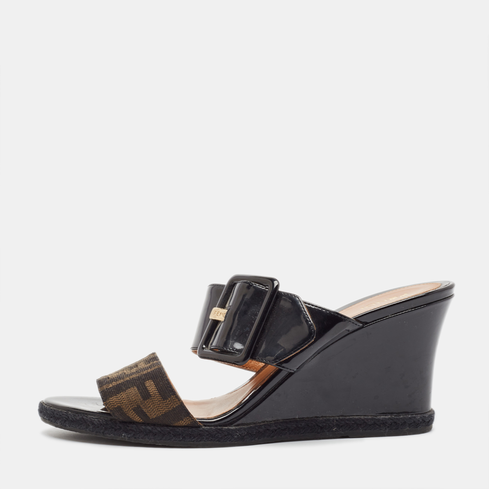 

Fendi Brown/Black Zucca Canvas and Patent Leather Wedge Sandals Size