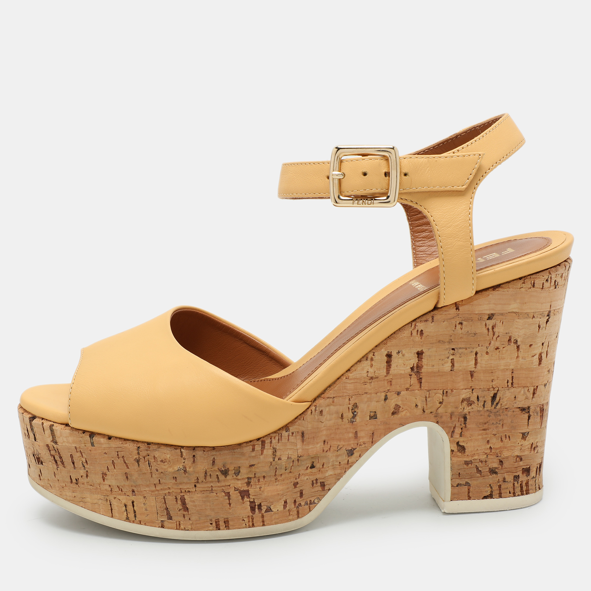 

Fendi Beige Leather Cork Wedge Ankle Strap Sandals Size