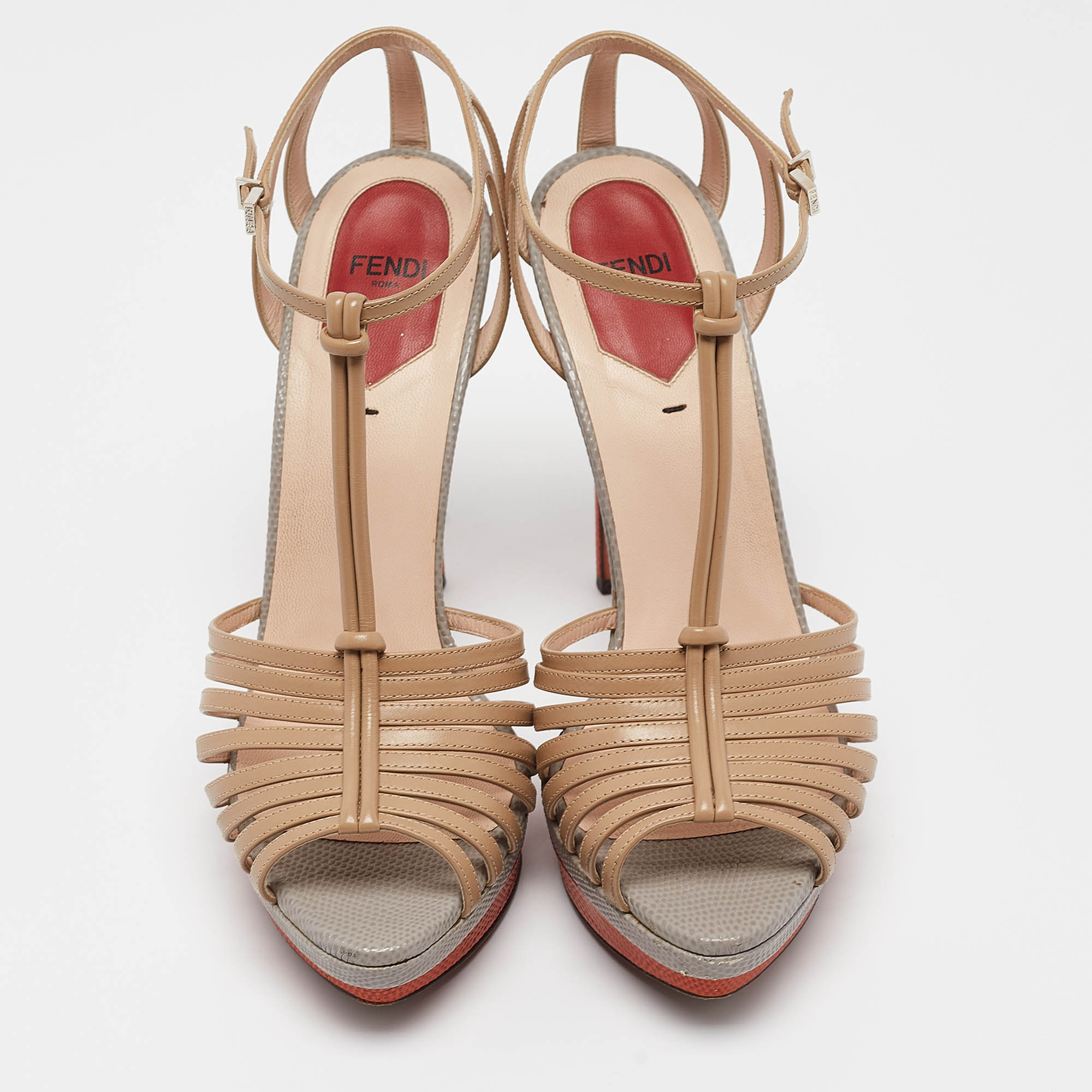 Fendi Multicolor Lizard Embossed and Leather T-Strap Platform Sandals Size 40 