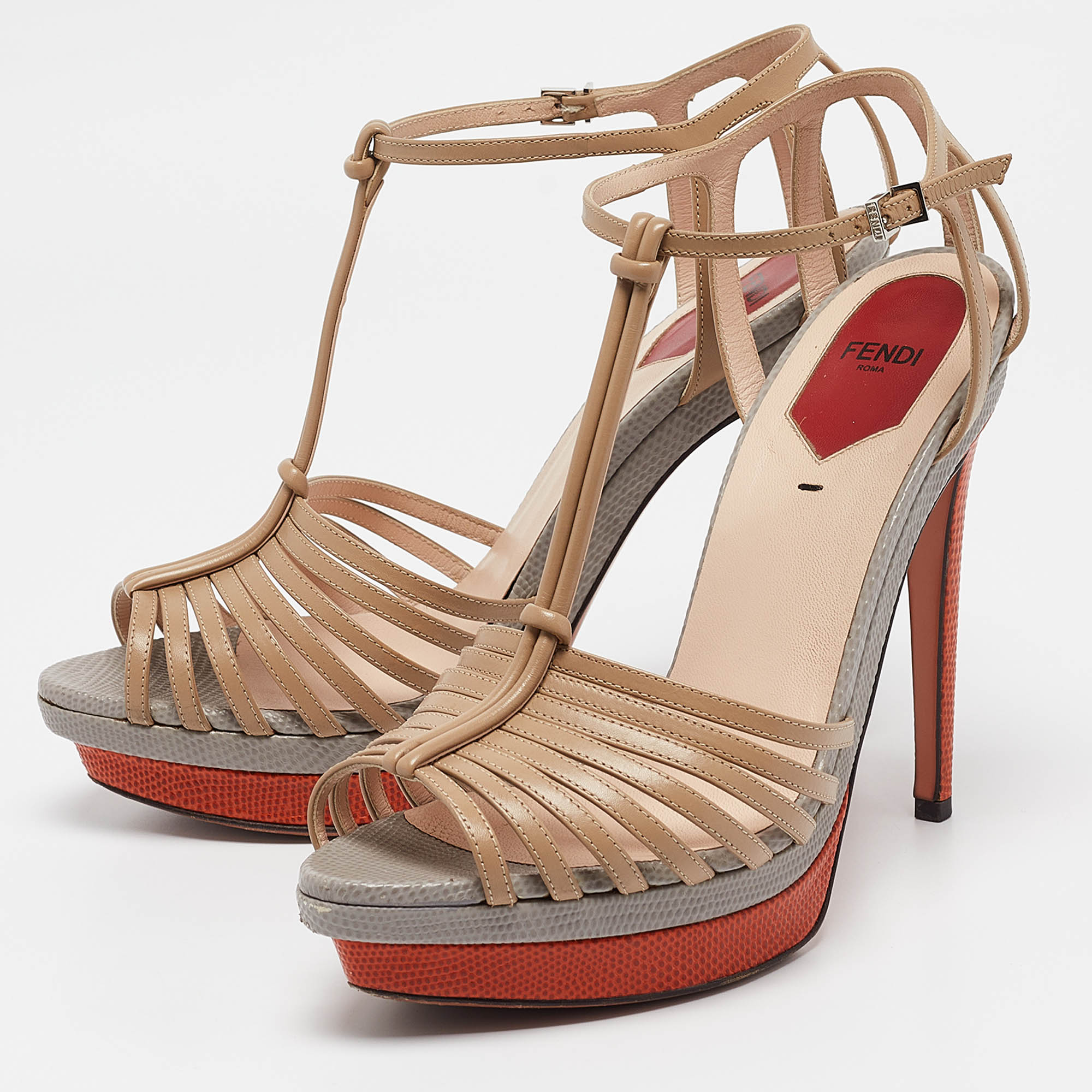 Fendi Multicolor Lizard Embossed and Leather T-Strap Platform Sandals Size 40 
