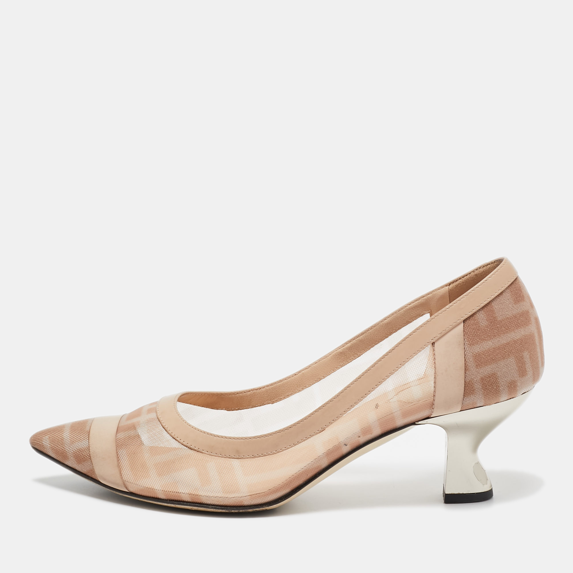 

Fendi Pink/Beige Zucca Mesh and Leather Colibri Pumps Size