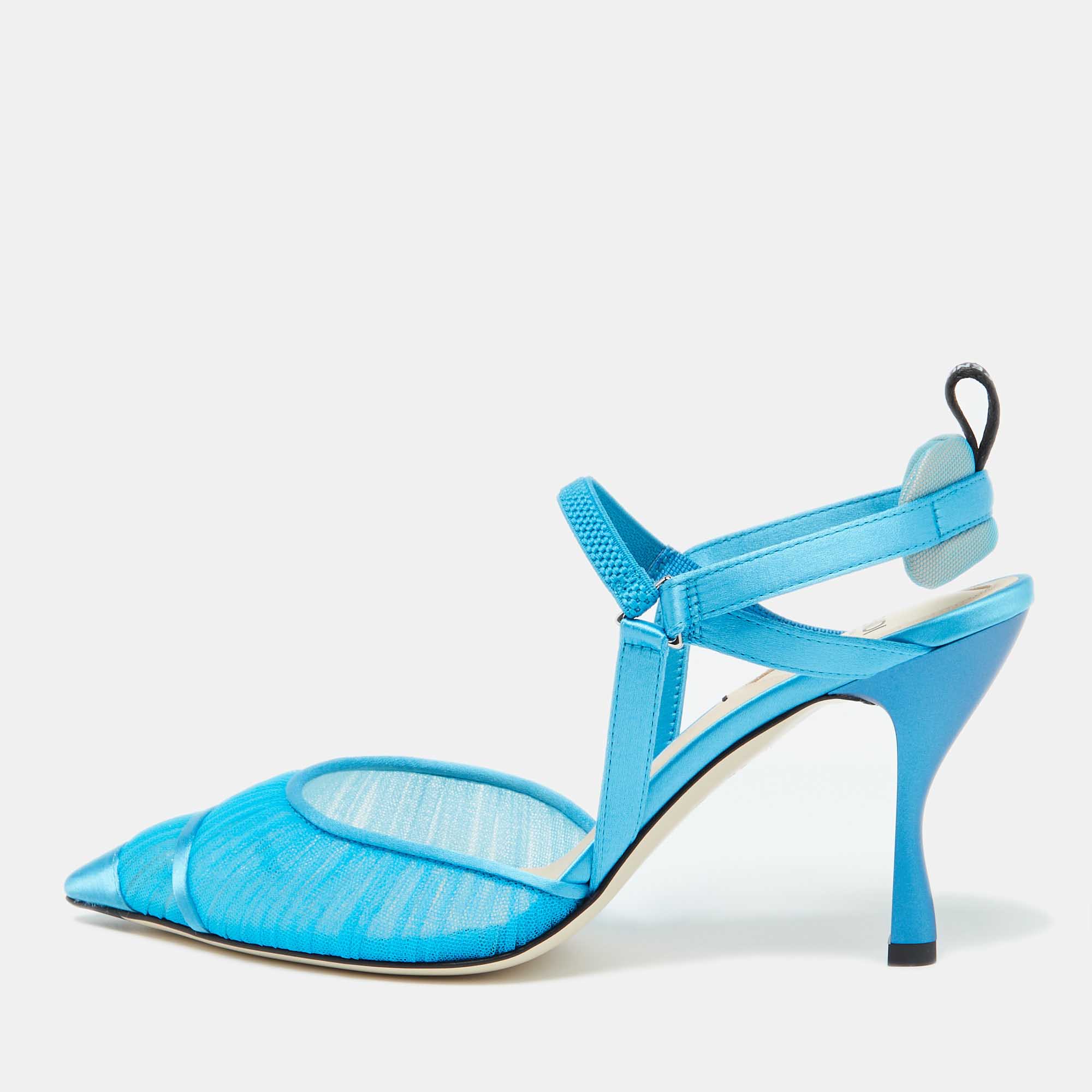 Pre-owned Fendi Blue Tulle And Satin Colibri Lite Slingback Pumps Size 39