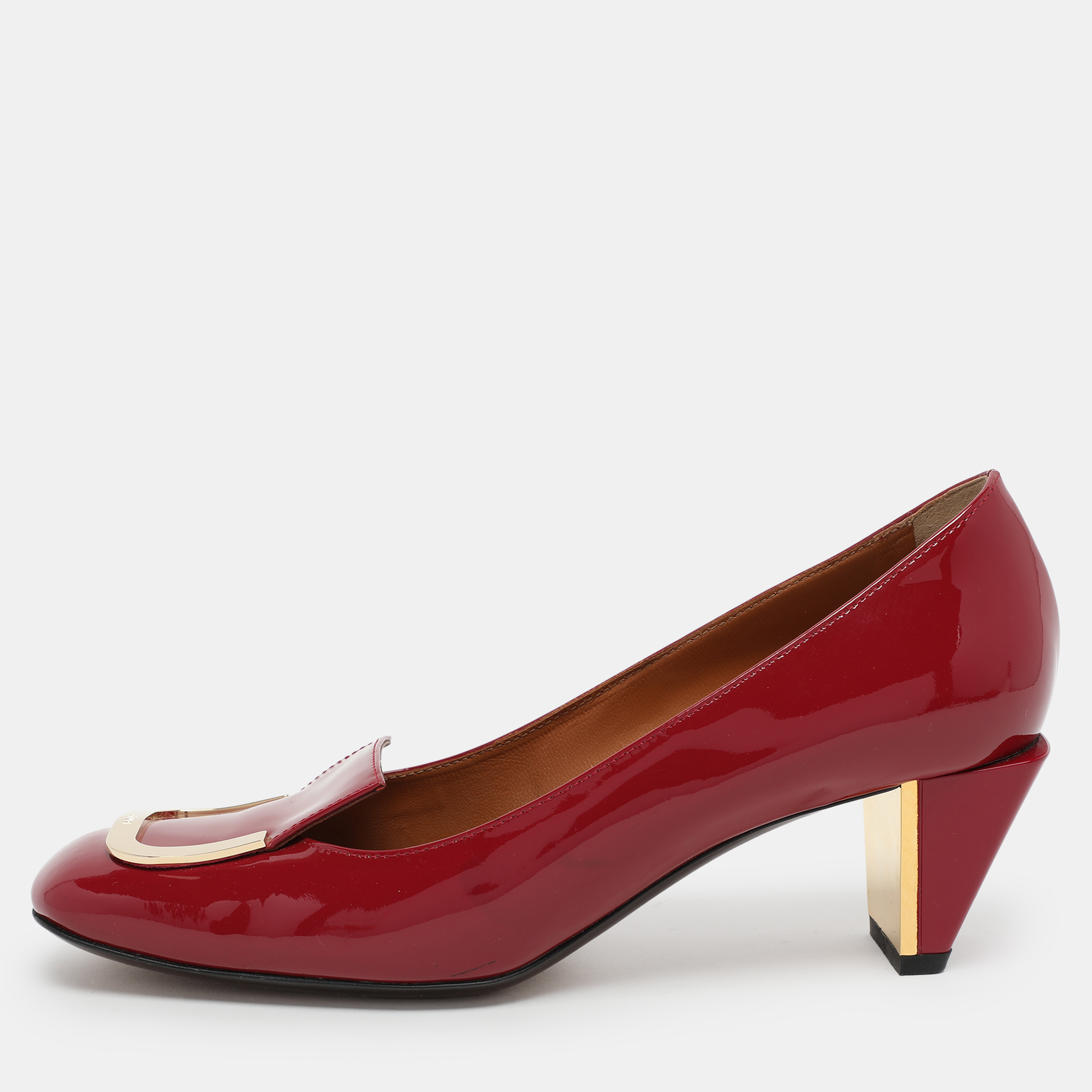 

Fendi Burgundy Patent Leather Embellished Block Heel Pumps Size