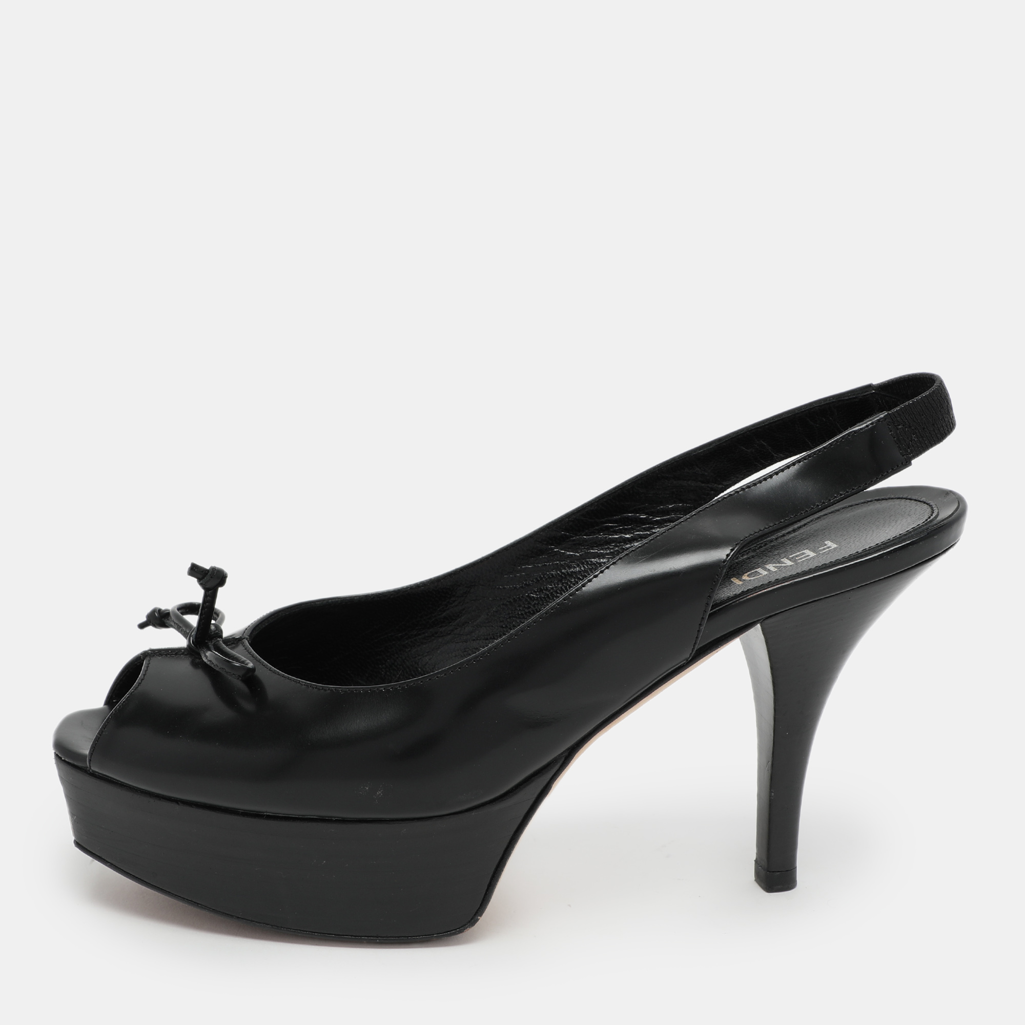 

Fendi Black Leather Fendista Platform Slingback Pumps Size