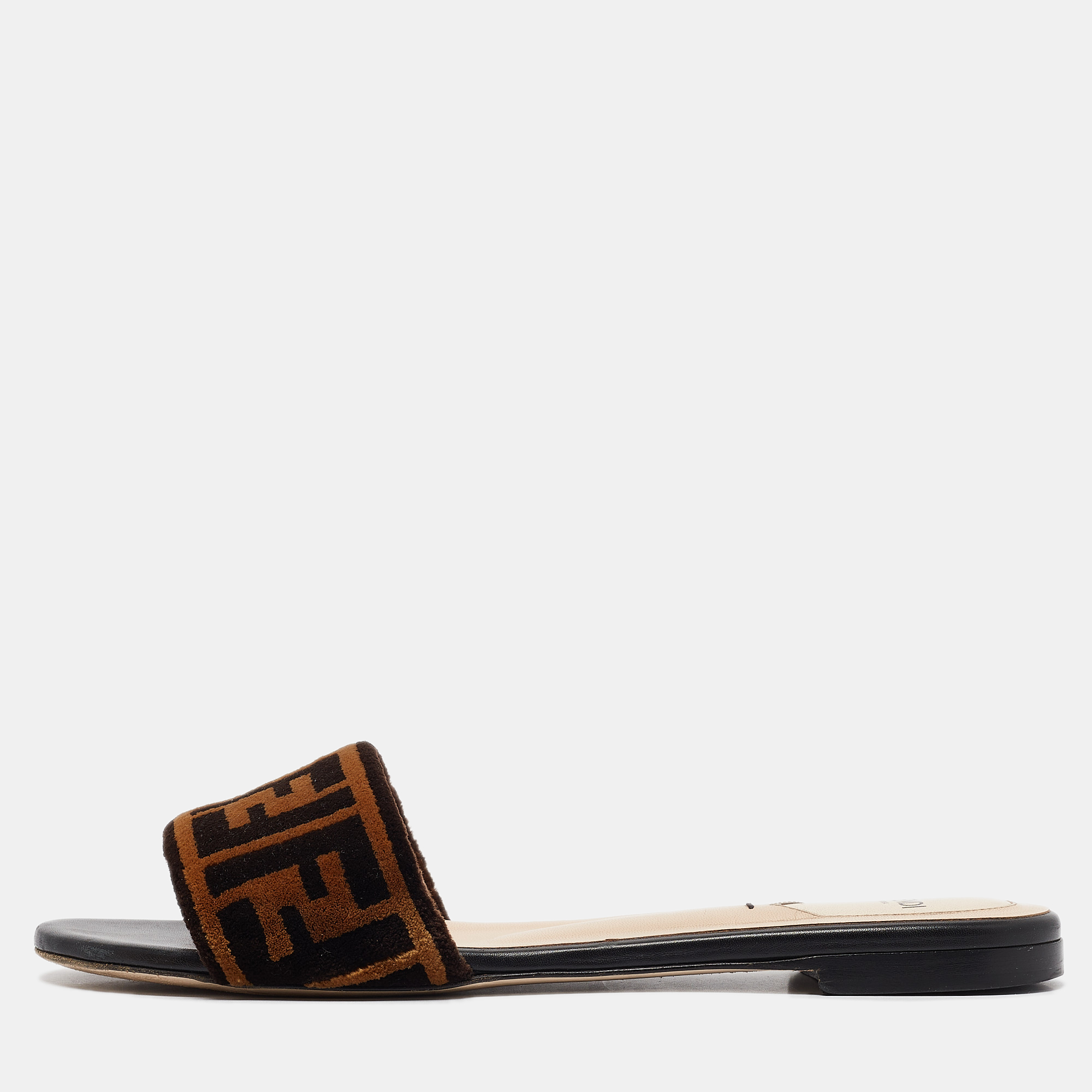 

Fendi Brown Zucca Velvet Flat Slides Size