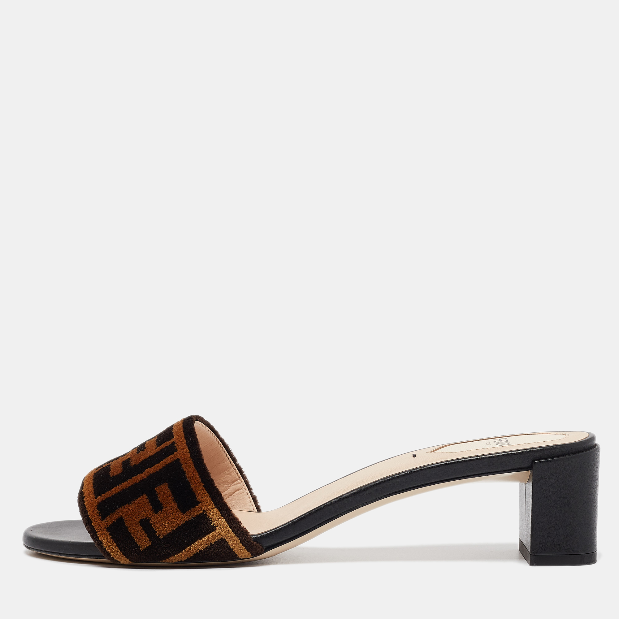 

Fendi Brown Zucca Velvet Slide Sandals Size