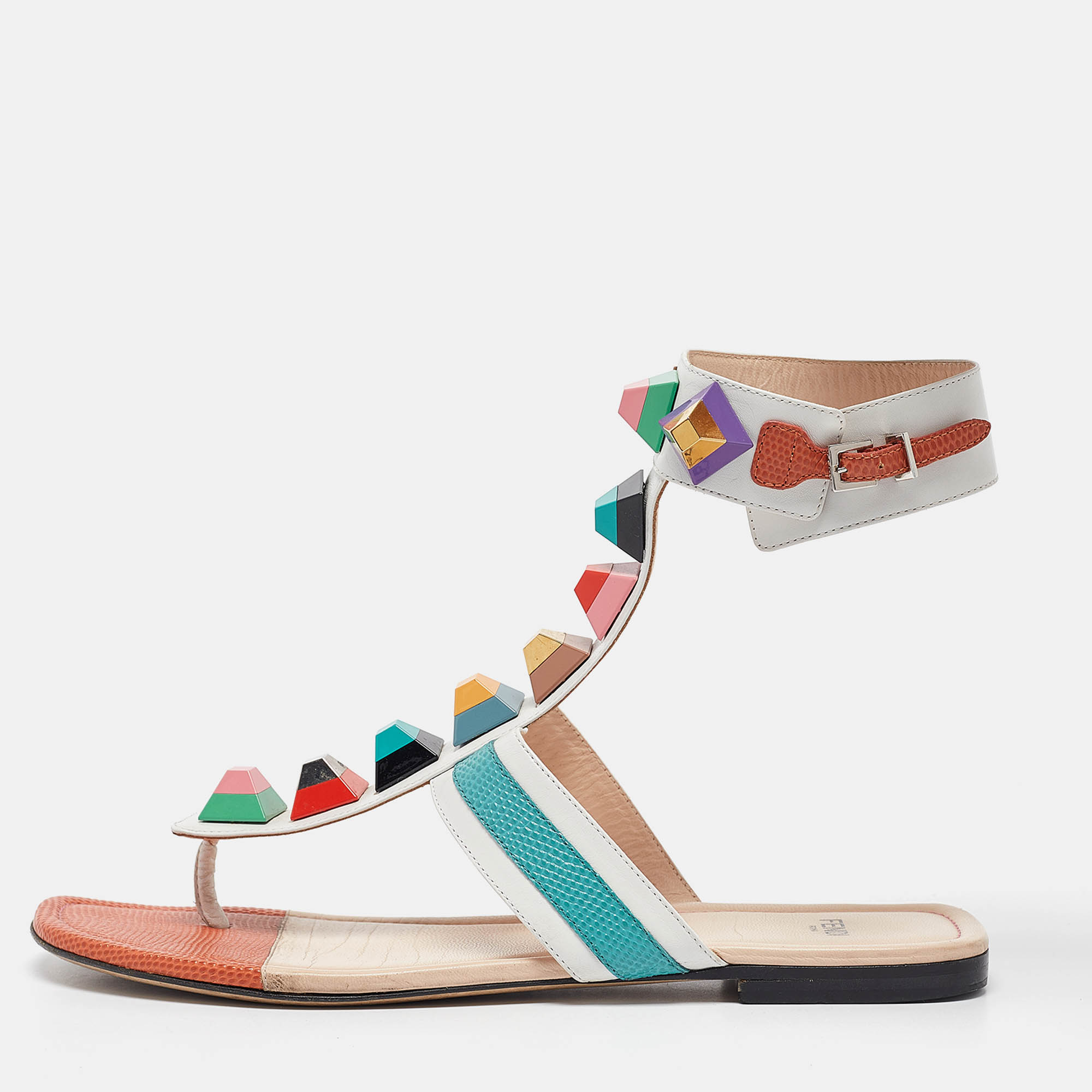 

Fendi Multicolor Leather Studded Thong Flat Sandals Size