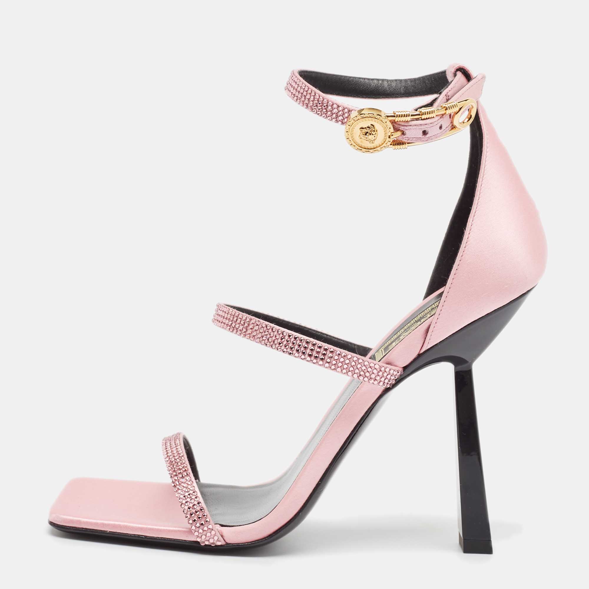 

Fendi x Versace Pink Satin Crystal Embellished Ankle Strap Sandals Size