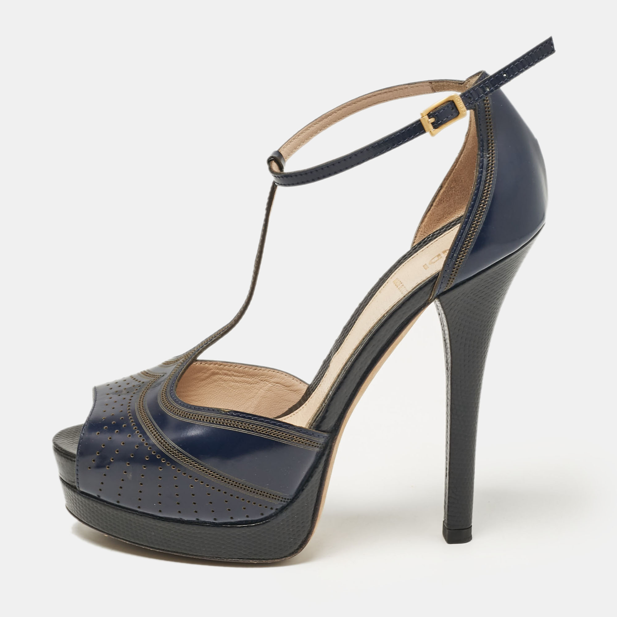 Pre-owned Fendi Navy Blue Leather Ankle Strap Sandals Size 37.5