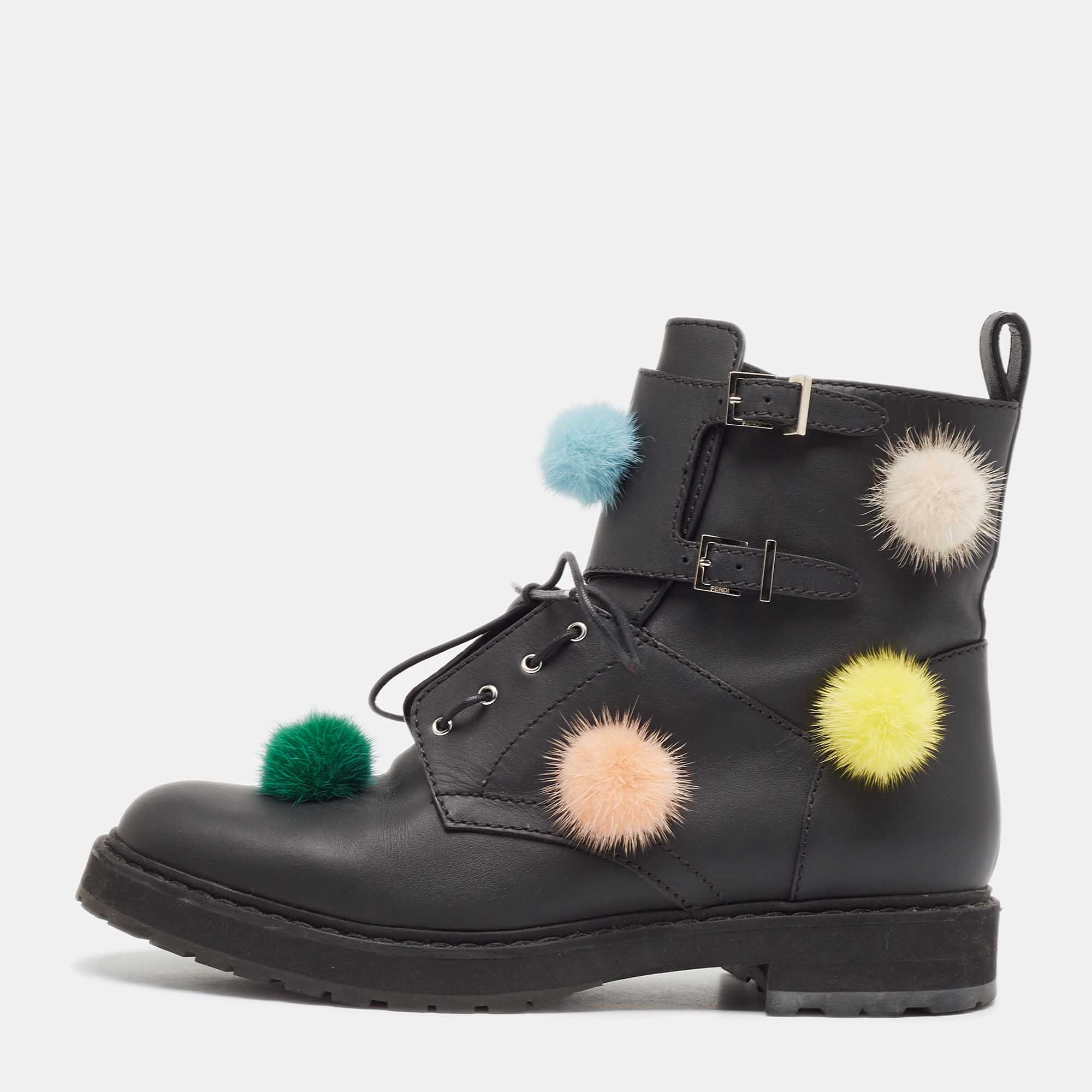 

Fendi Black Leather and Mink Pompoms Biker Boots Size