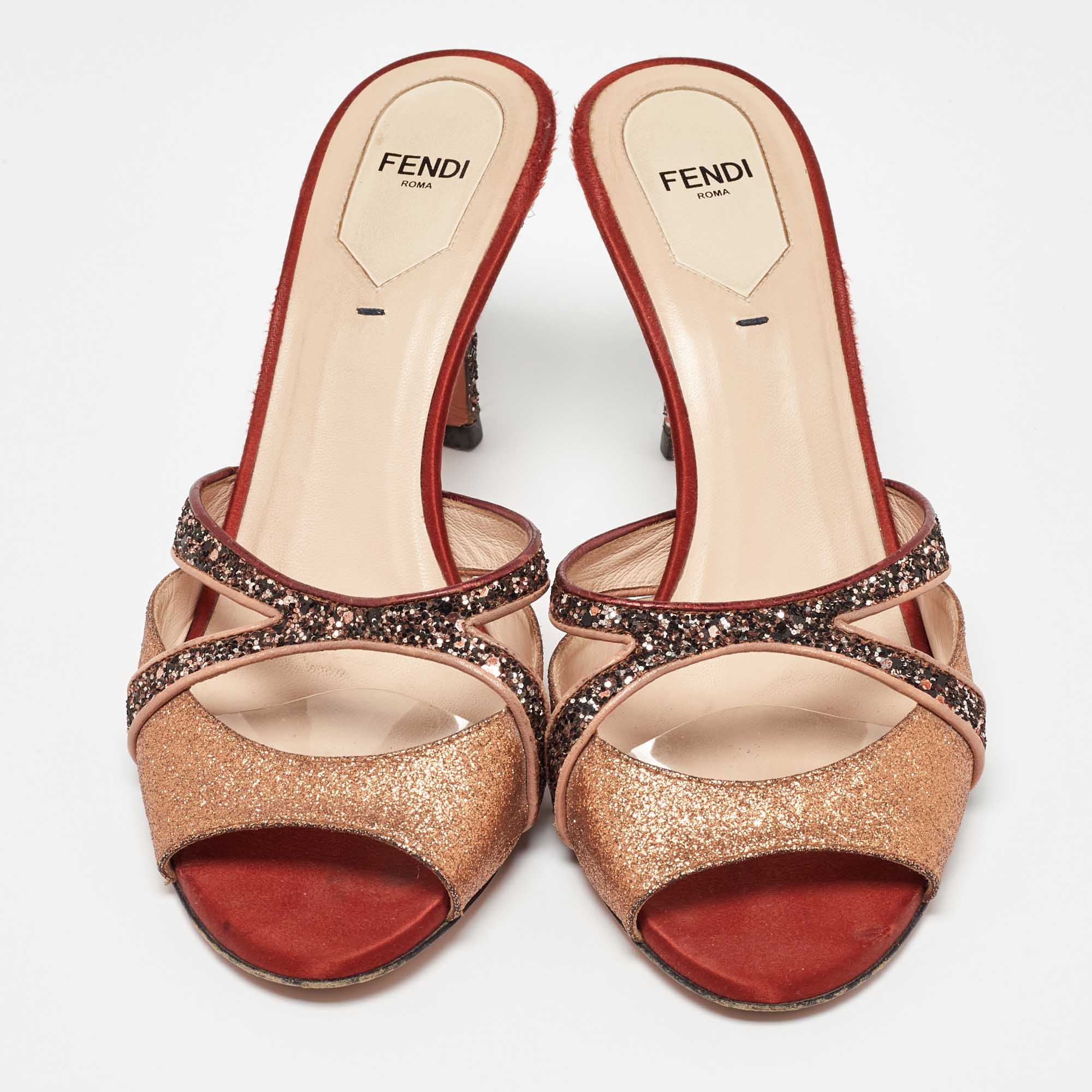 Fendi Multicolor Metalic Leather and Glitter Slide Sandals Size 40 