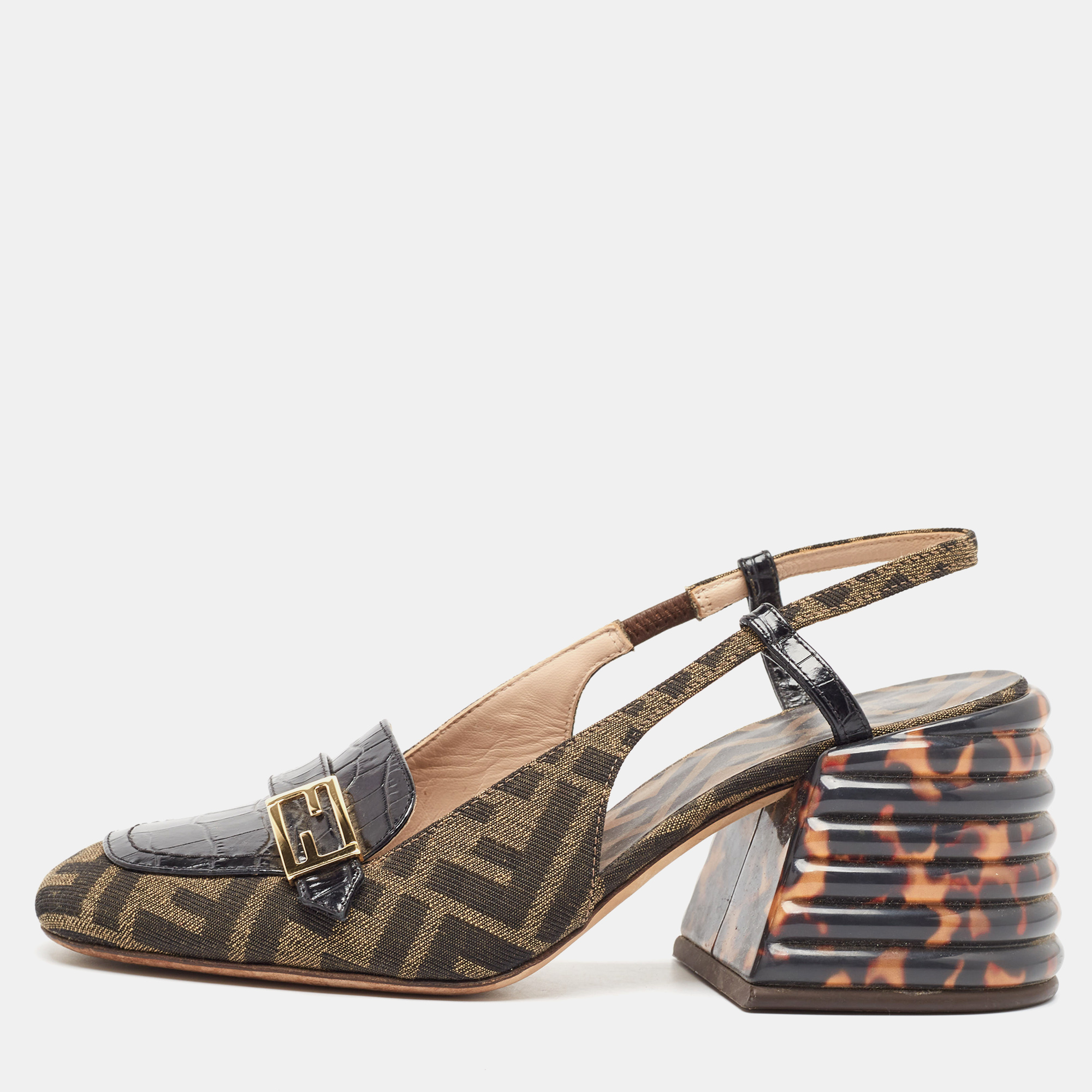 

Fendi Tobacco/Black Croc Embossed Leather and Canvas Promenade FF Motif Slingback Sandals Size, Brown