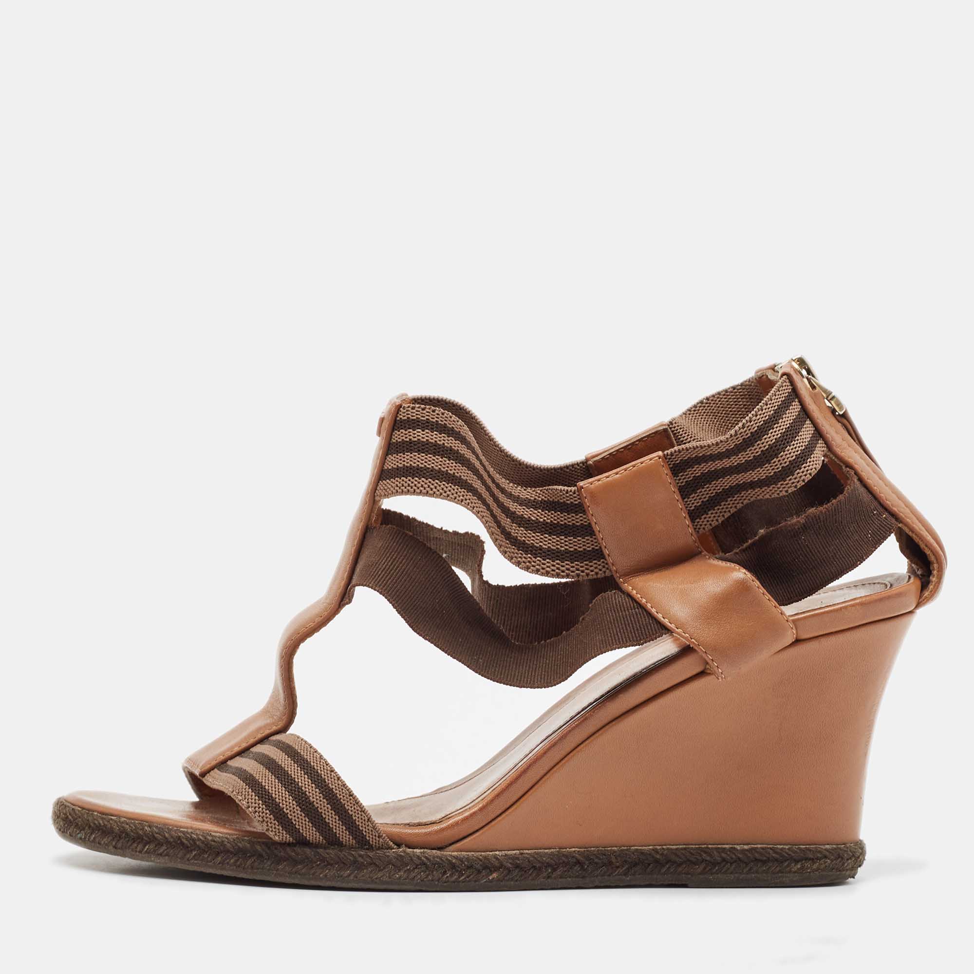 

Fendi Brown Leather and Stretch Fabric Wedge Sandals Size