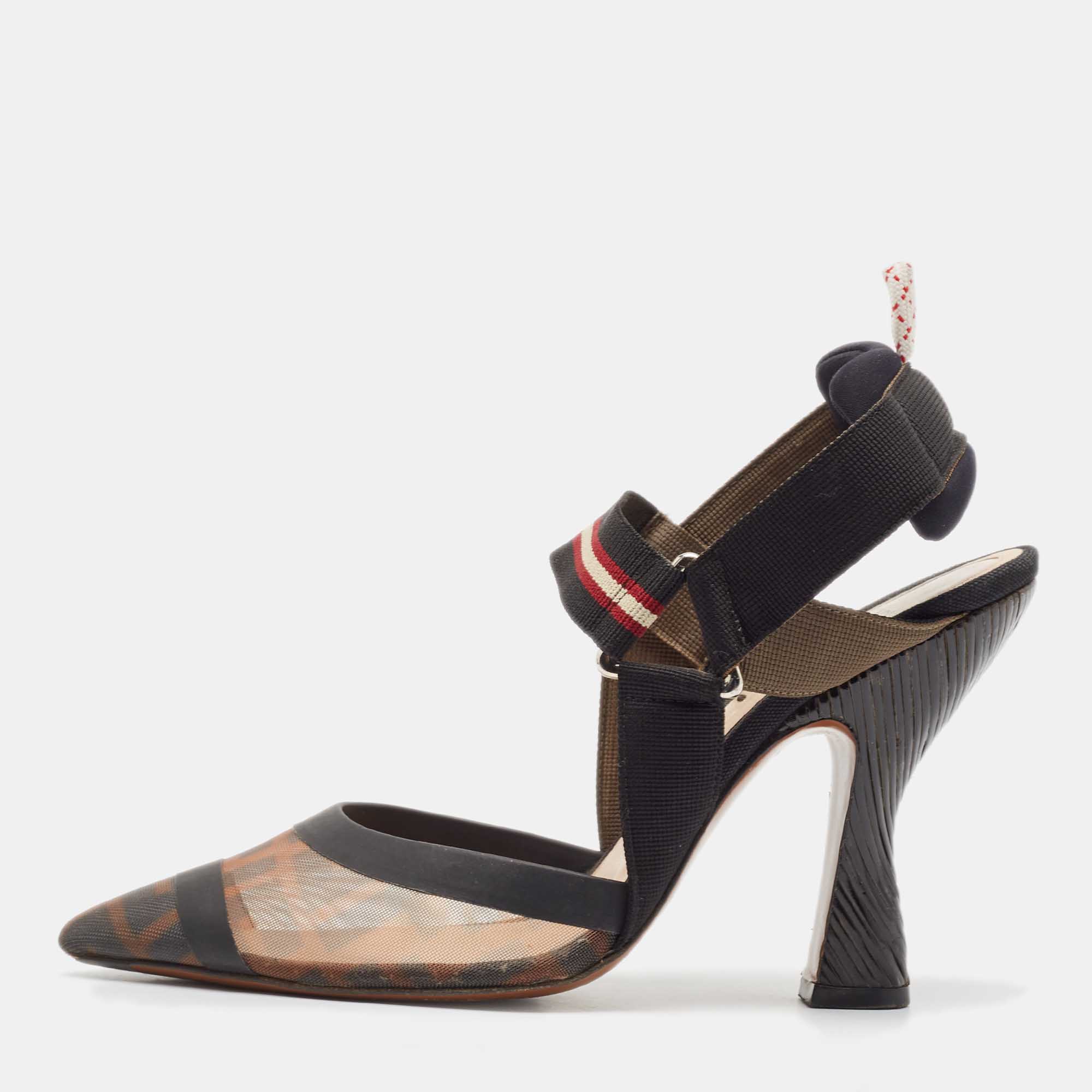 

Fendi Brown/Black Zucca Mesh and Leather Colibri Slingback Pumps Size