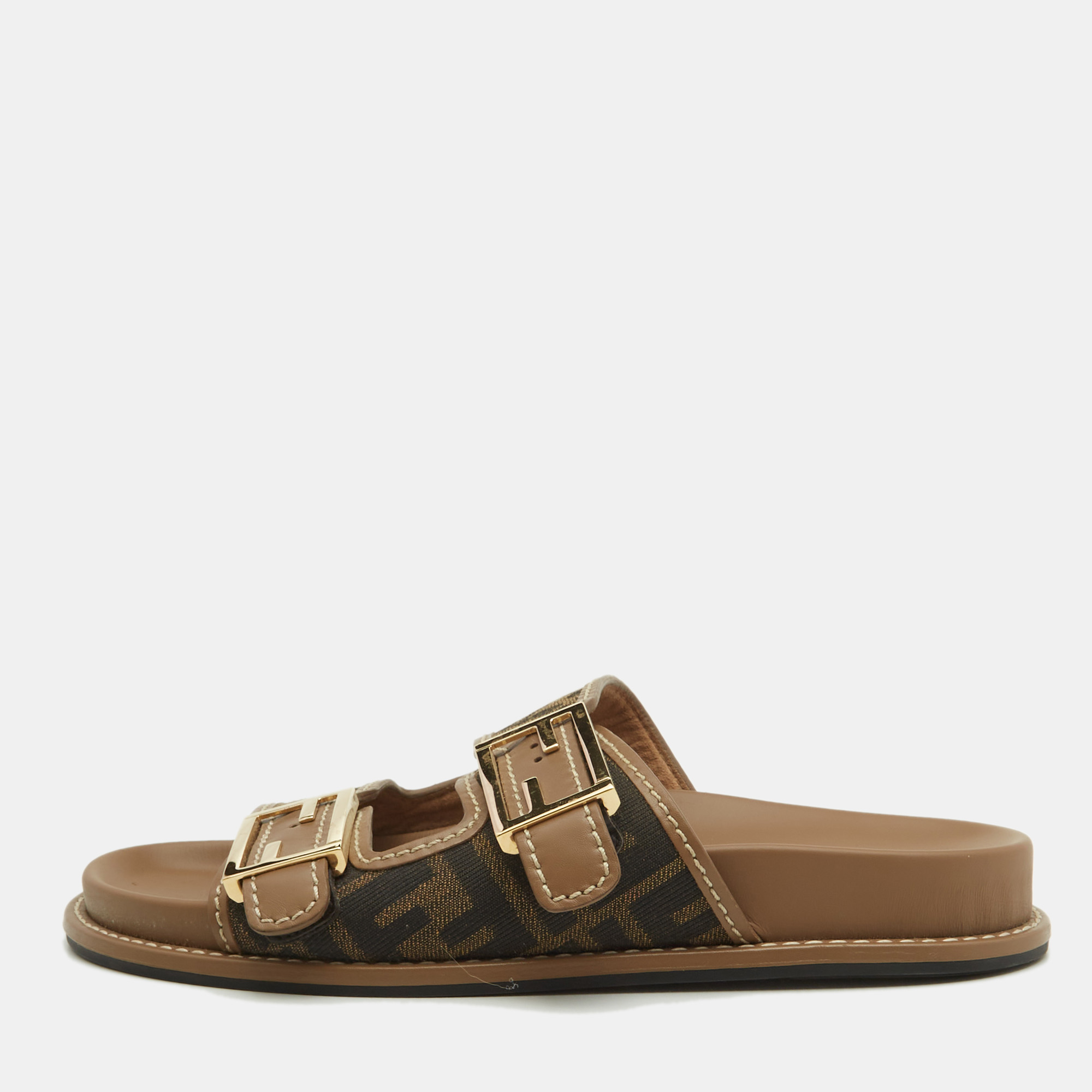 

Fendi Brown Zucca Canvas and Leather FF Buckle Slides Size