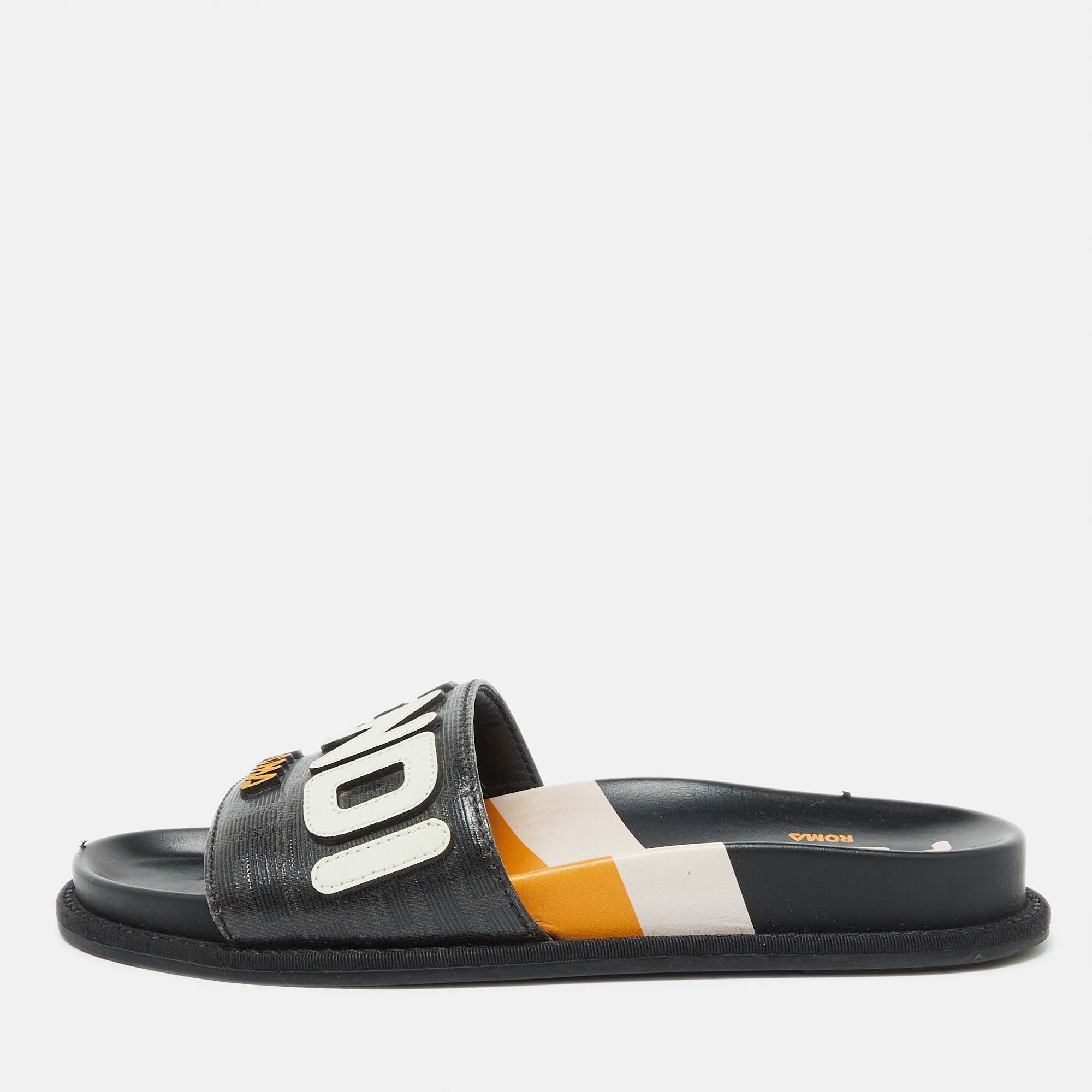 

Fendi Black Leather Mania Motif Flat Slide Sandals Size