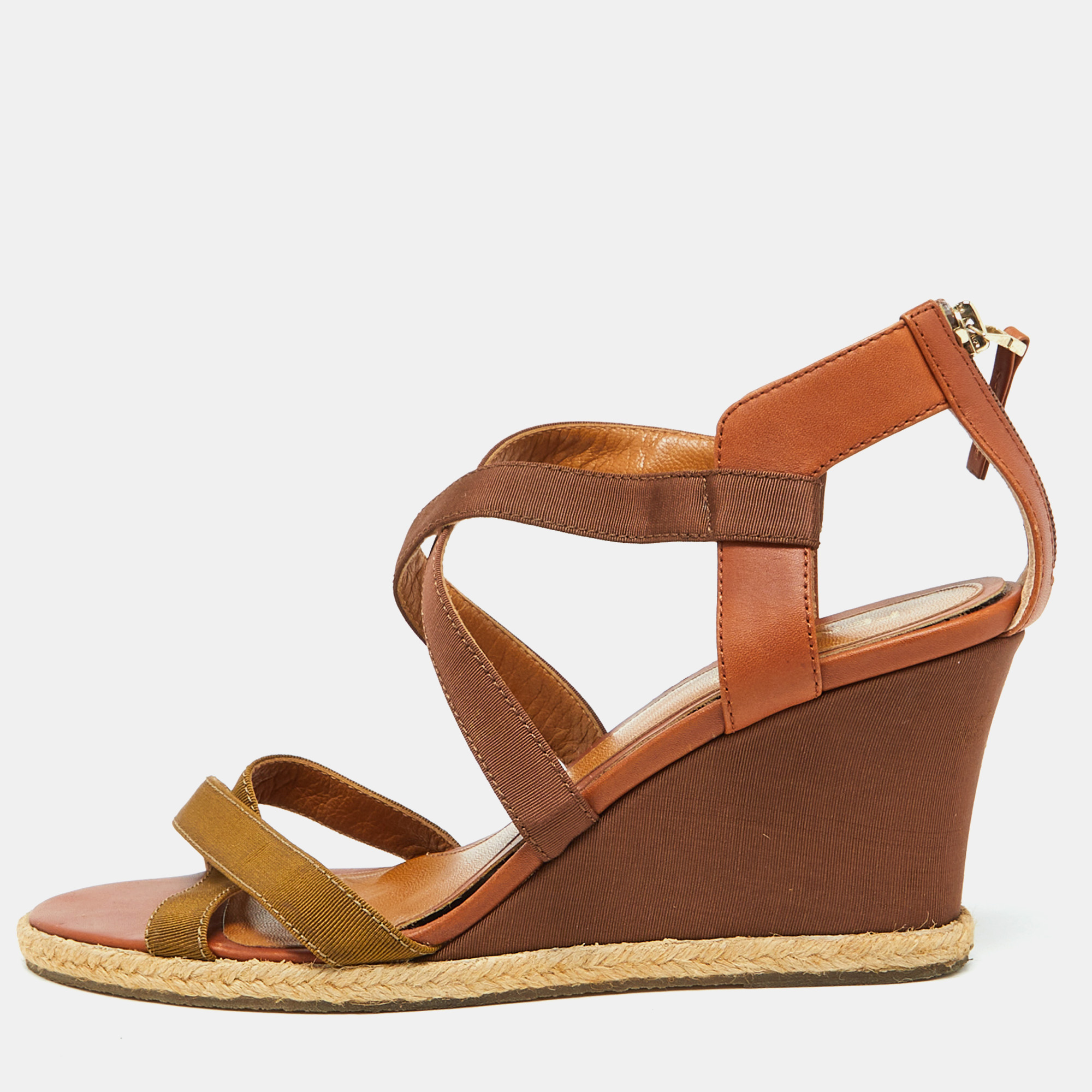 

Fendi Brown Leather and Fabric Criss Cross Wedge Sandals Size