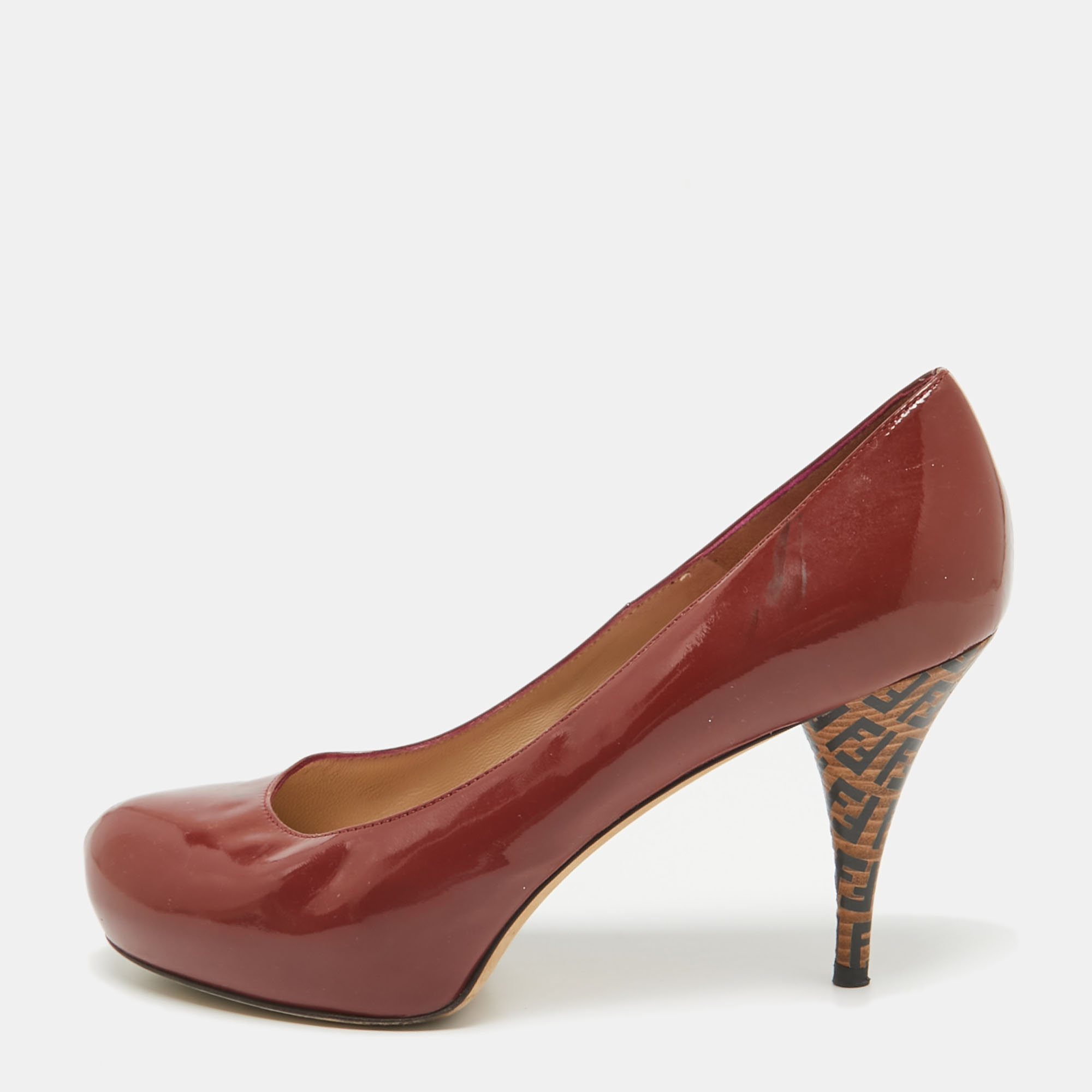 

Fendi Rust Brown Patent Leather Zucca Heel Platform Pumps Size