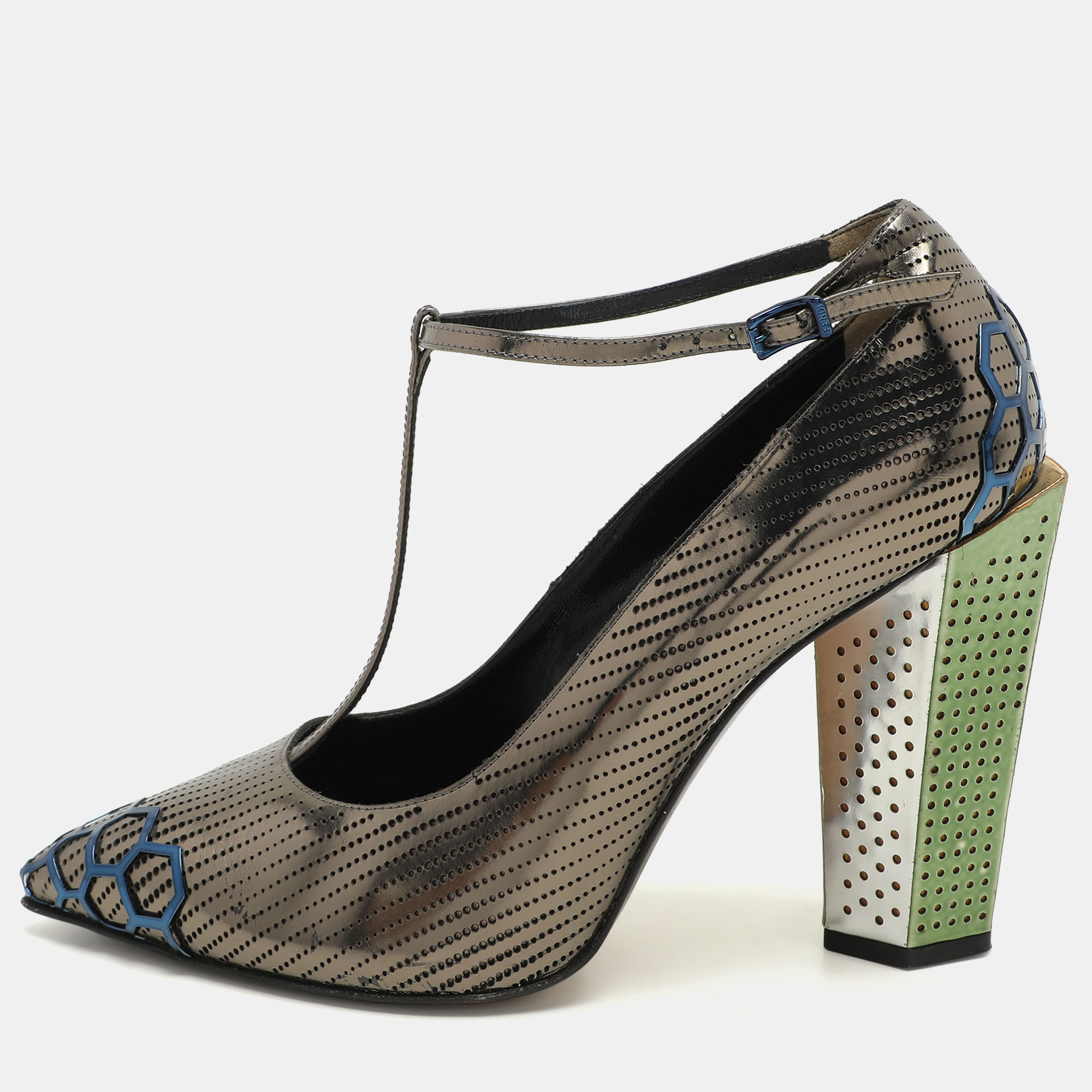 

Fendi Metallic Perforated Leather T-Strap Pumps Size