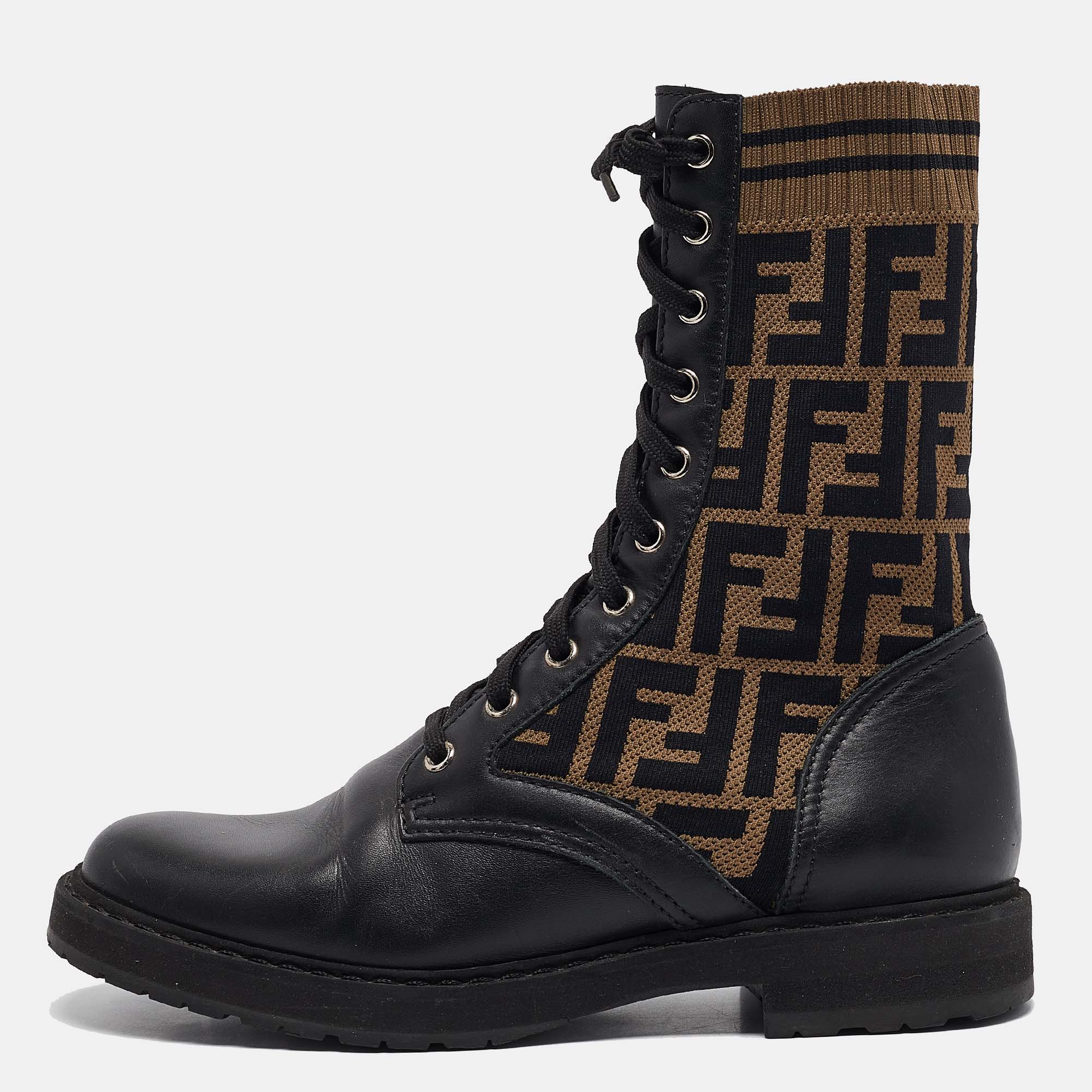 

Fendi Tobacco Leather and Zucca Knit Stretch Fabric Rockoko Combat Boots Size, Black