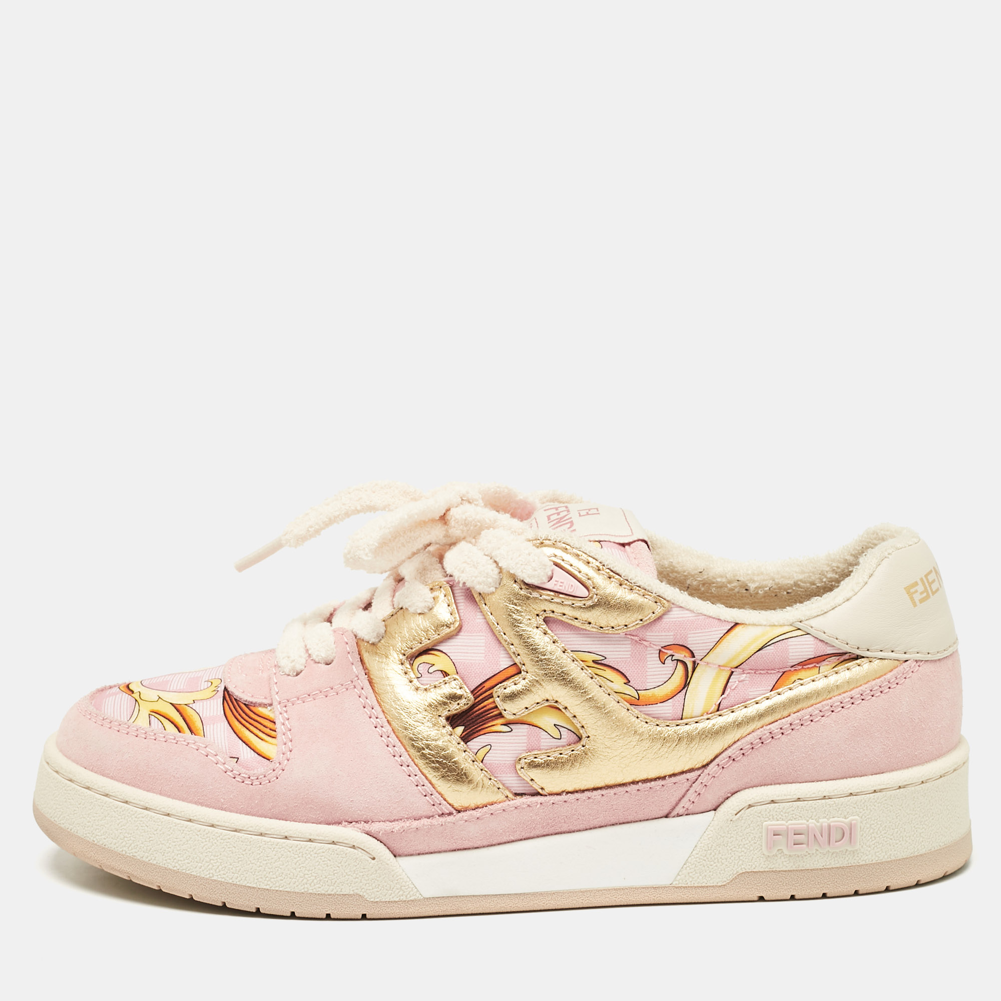 

Fendi Pink/Gold Leather and Suede Fendace Lace Up Sneakers Size