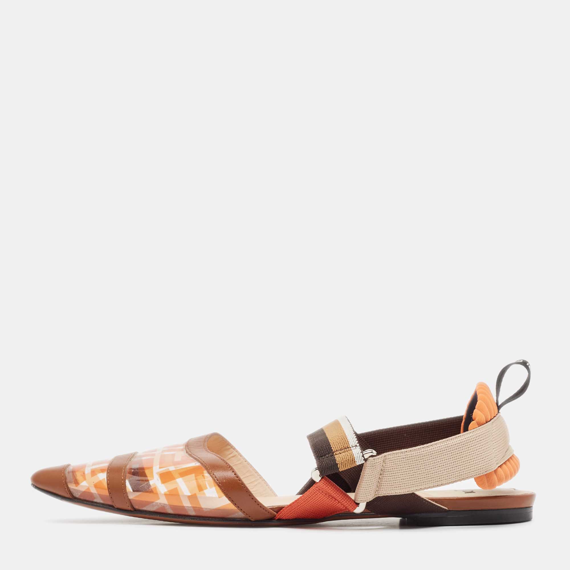 

Fendi Brown/Orange Zucca PVC and Leather Colibri Slingback Flats Size